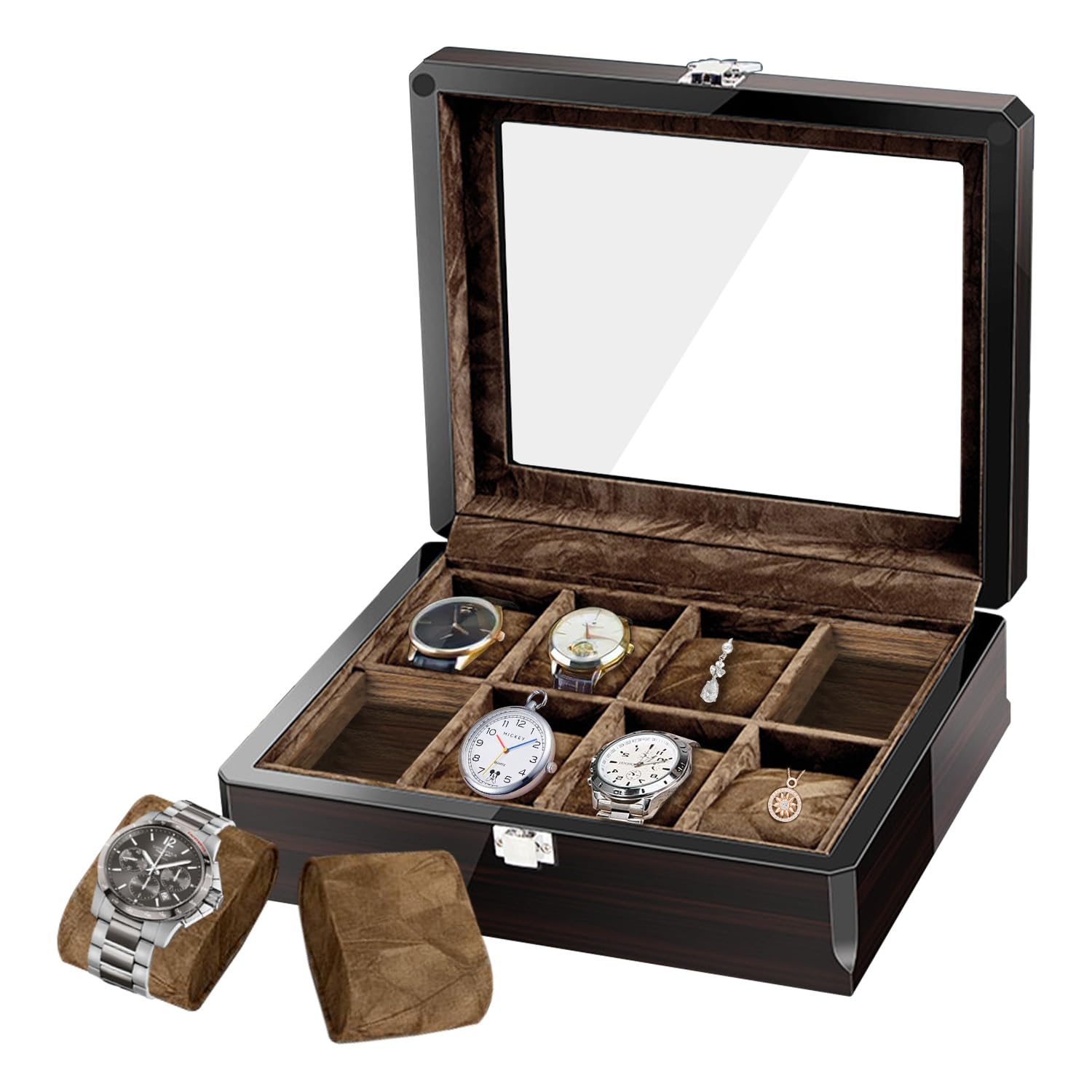 Caja de reloj con 8 ranuras, organizador de caja de reloj, tapa de cristal grande, caja de reloj clásica de ébano para hombres, caja de exhibición de reloj con almohada extraíble, regalo para