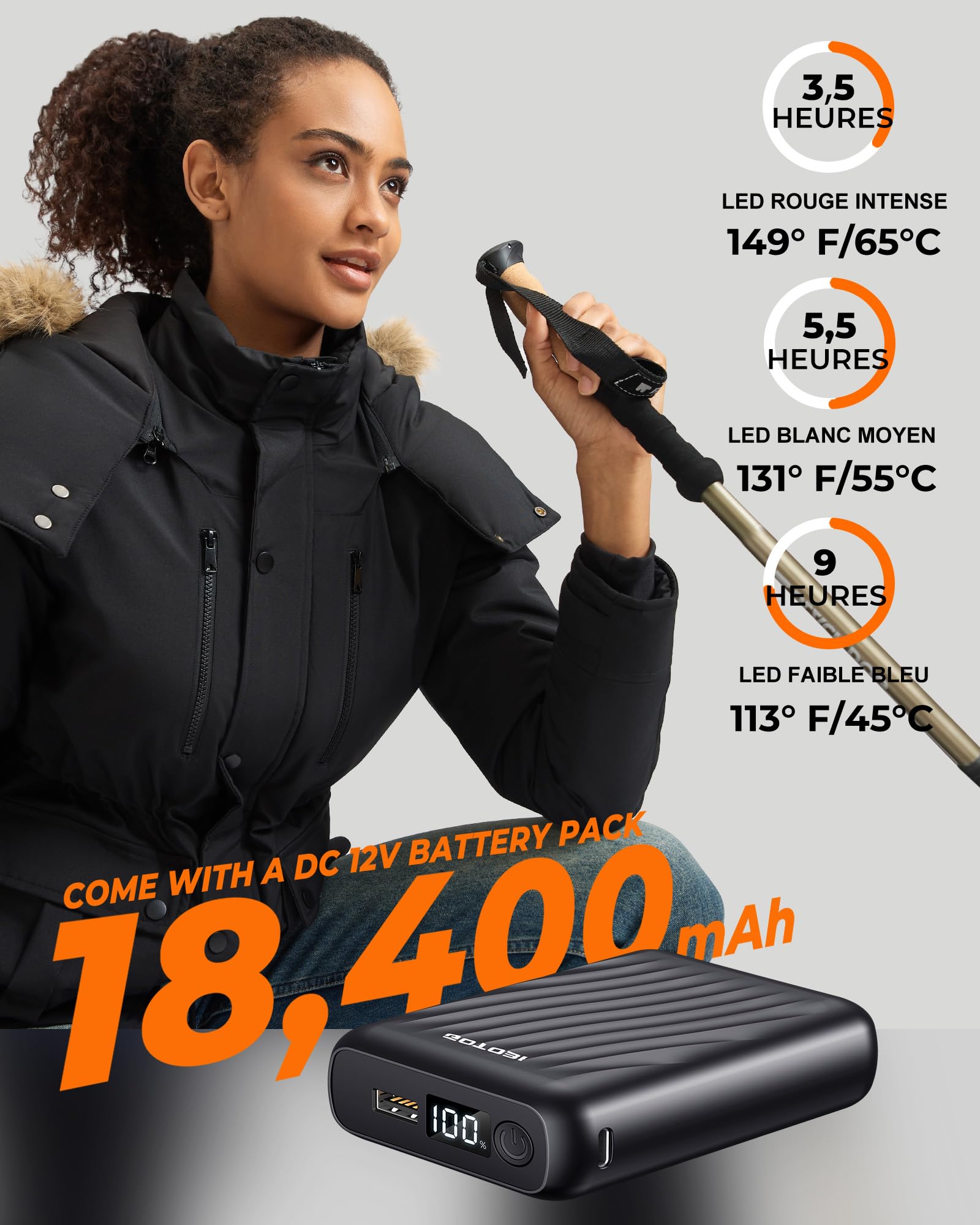 Veste Chauffante Femme Avec Batterie Incluse de 18400 Mah 12v, 8 Zones de Chauffage,Parka Longue Femme chaud et imperméable à capuche amovible en fausse fourrure