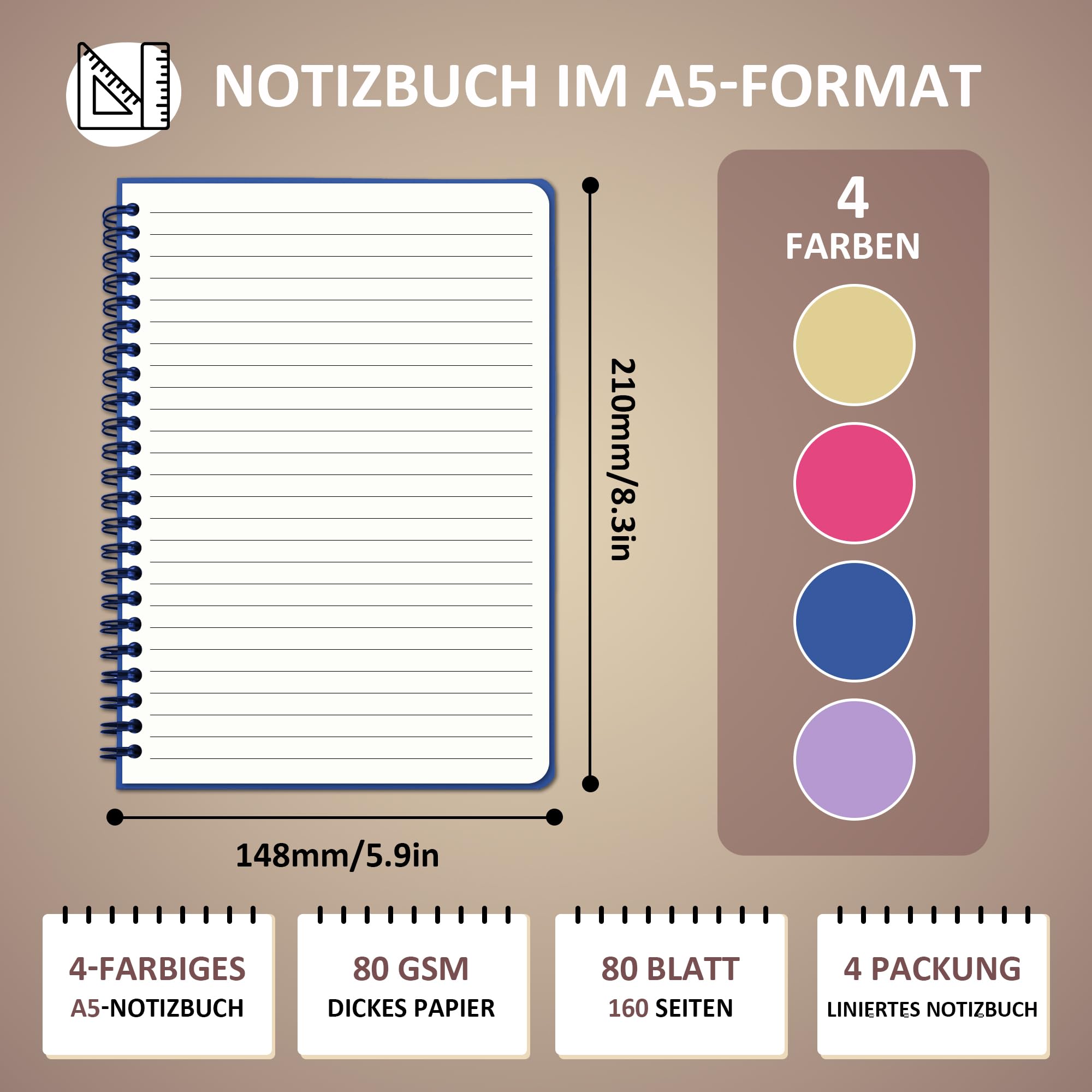 BIROYAL Notizbuch, Yellow, purple, dark blue, rose red - Image 2