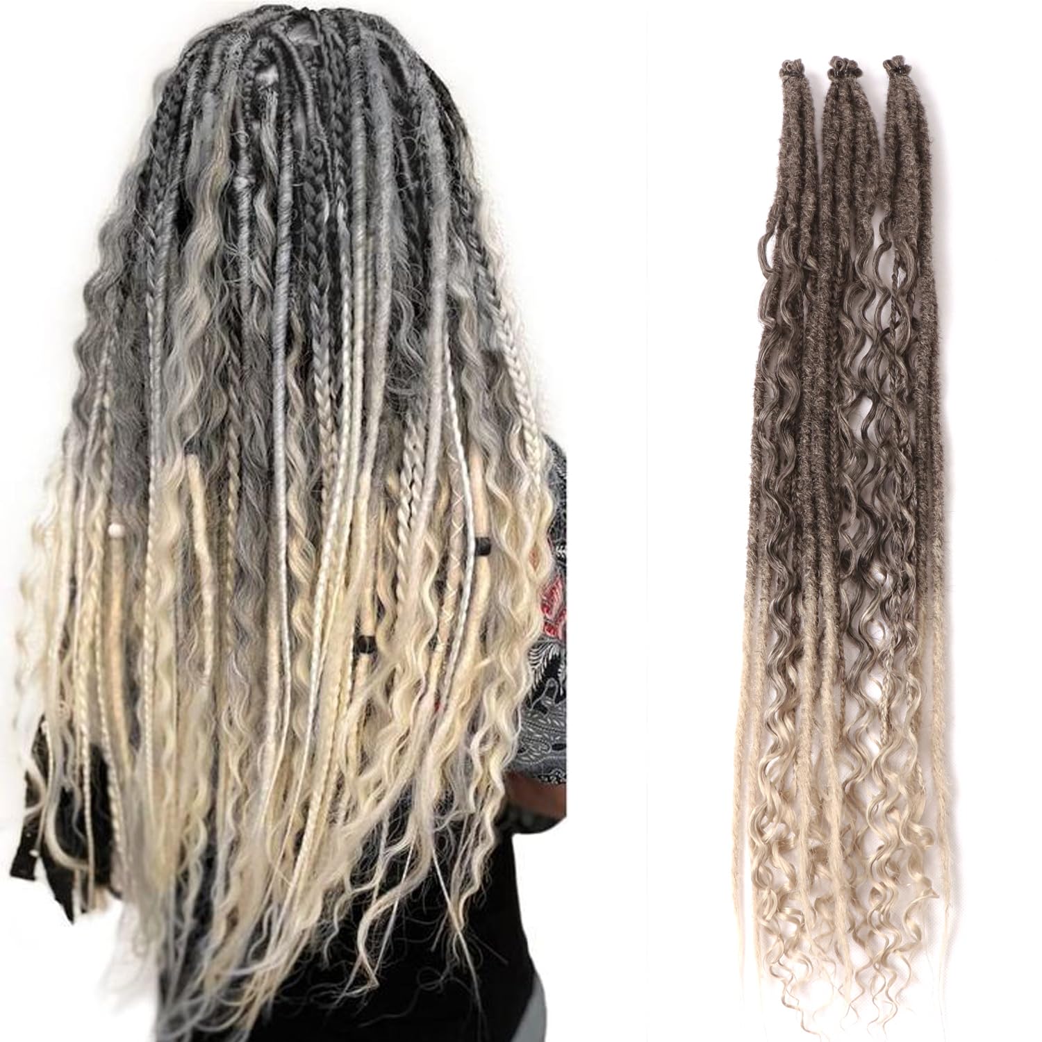 24 Inch Synthetic Dreadlock Extensions Hippie Single Ended Dreads 0.6 cm Width Loc Extensions Reggae Style Crochet Hair for Women (T1B/Grey