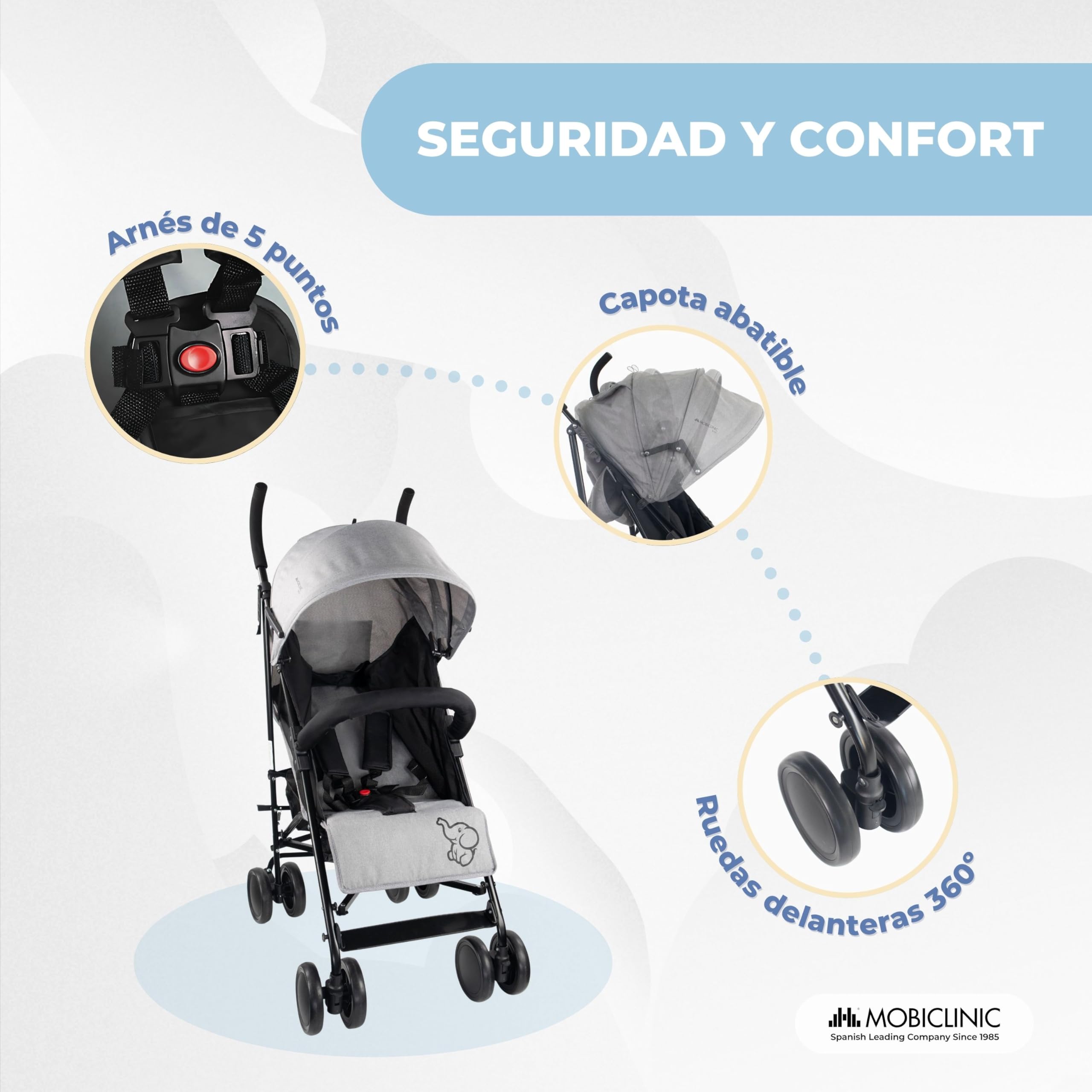 Mobiclinic®, Carrito bebe, Marca española, Plegable, Respaldo reclinable, Doble sistema de seguridad, Ruedas extraíbles, Arnés ajustable 5 puntos, Silla paseo ligera, Gris y negra