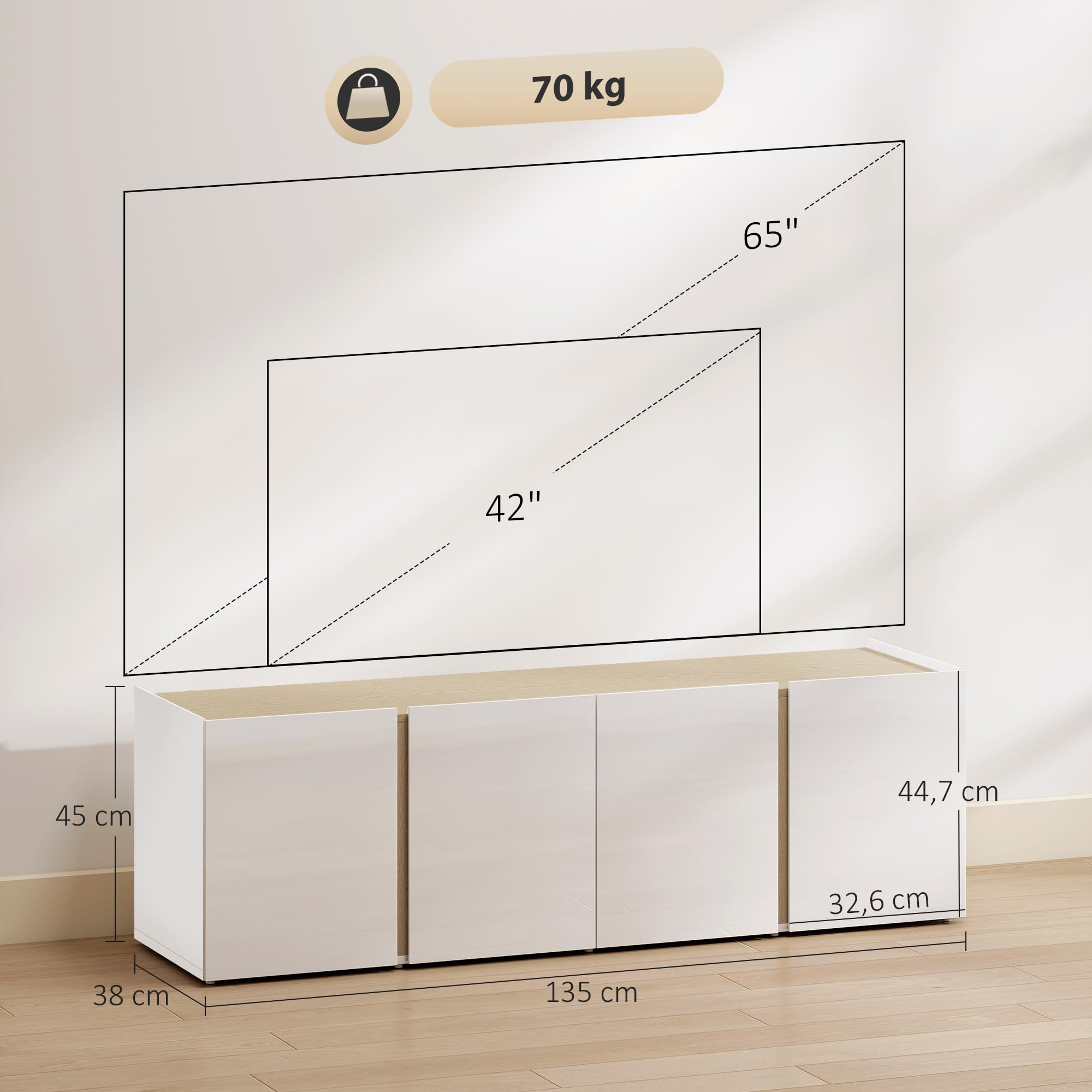 HOMCOM Meuble TV 135 cm pour Téléviseur Jusqu'à 65 Pouces, 4 Portes, Blanc | Meuble Télé, Fermeture Amortie, Étagère Réglable, Passe-Câbles, Banc TV, pour Salon, Chambre à Coucher