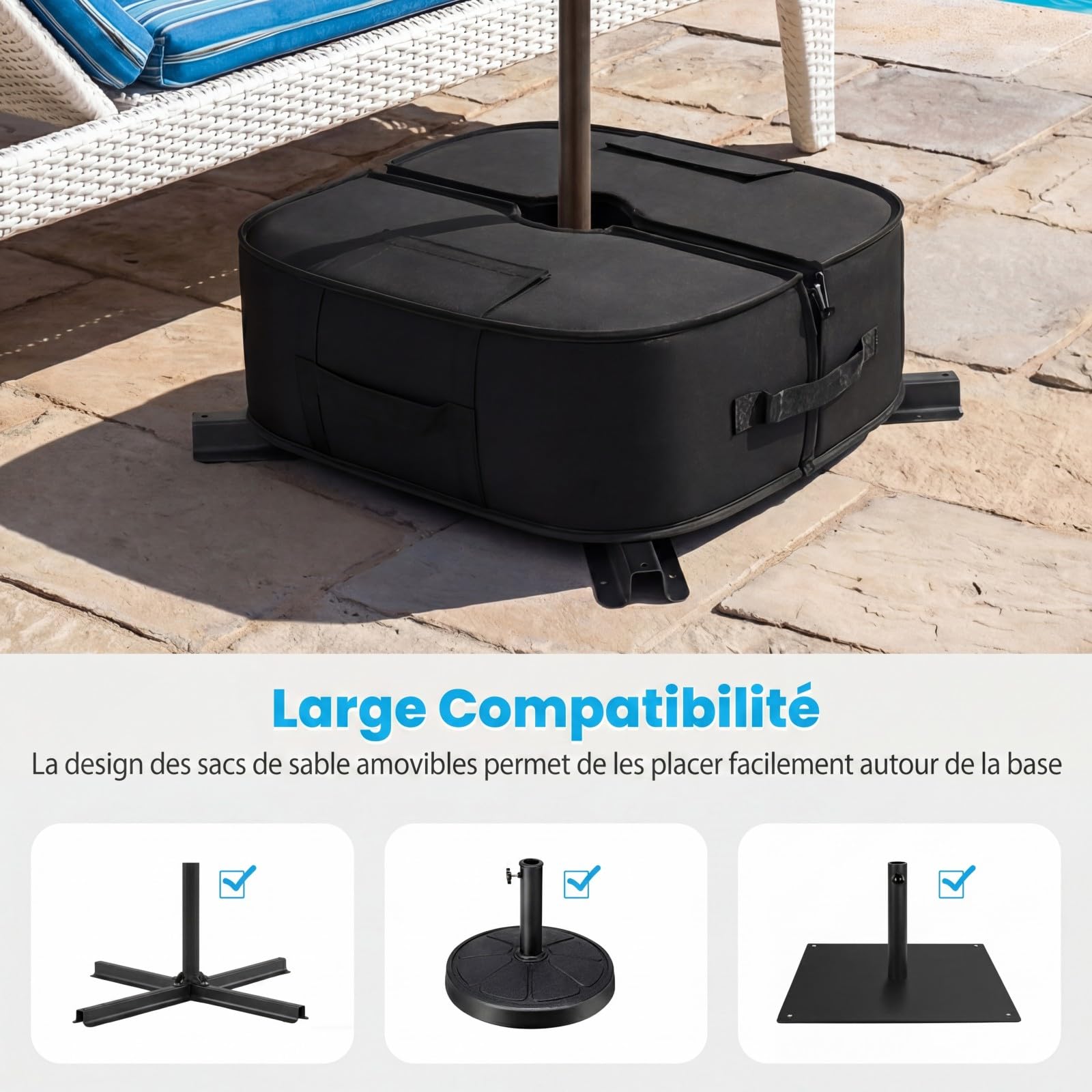 RELAX4LIFE Sac de Lestage pour Pied de Parasol, Poids de Base en Tissu Oxford 40kg, Sac de Sable Robuste avec Poignées, pour Parasol Déporté ou Droit, Jardin, Terrasse, Plage (Ovale,Noir)