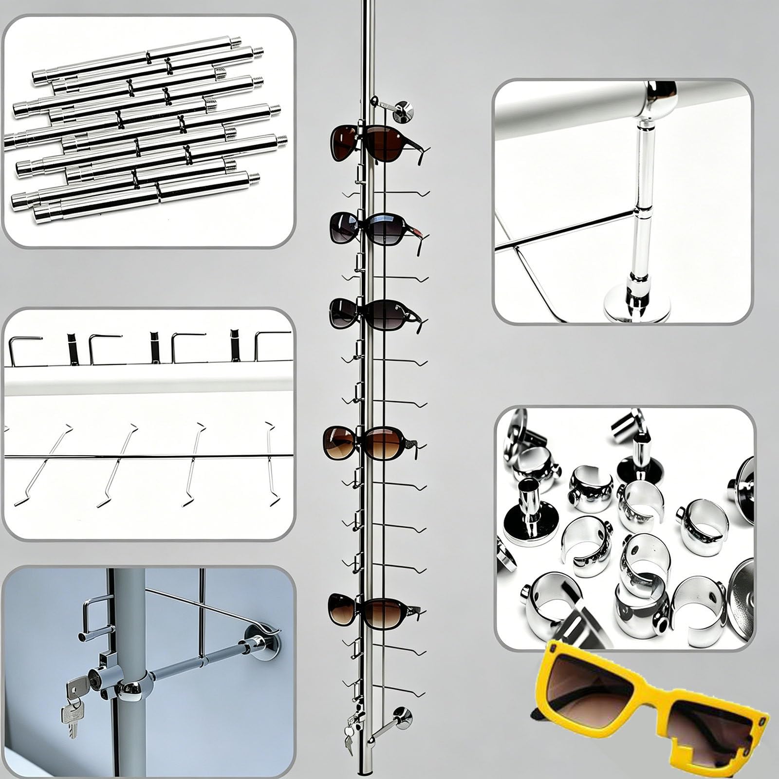 Soporte de exhibición de gafas, soporte de pared, soporte multiusos para gafas de sol con cerradura, ideal para tiendas ópticas, incluye 20 piezas, diseño que ahorra espacio