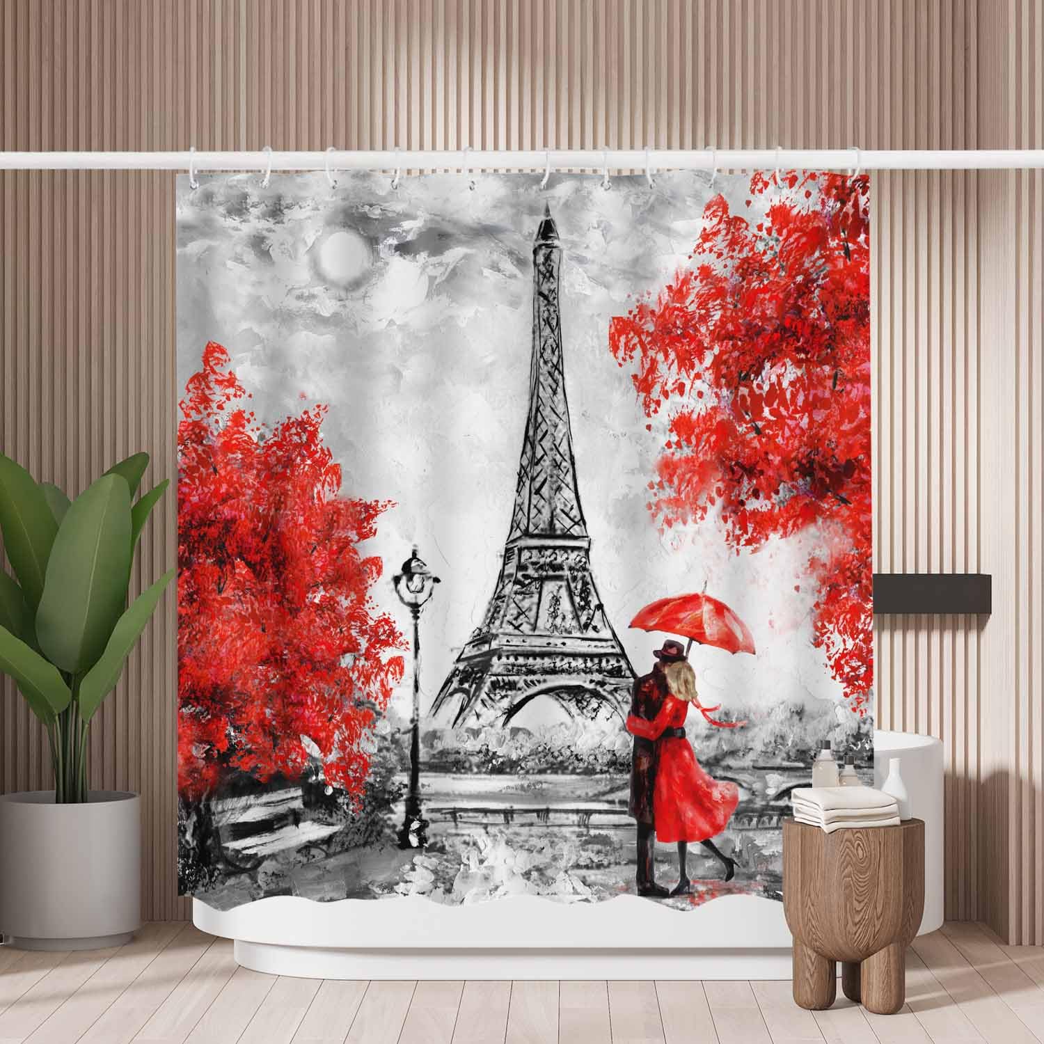 Woutay A076 Shower Curtain Mould Proof Resistant Romantic Lover Eiffel Tower,Water Repellant Fabric,Polyester,With 12 Plastic Hooks