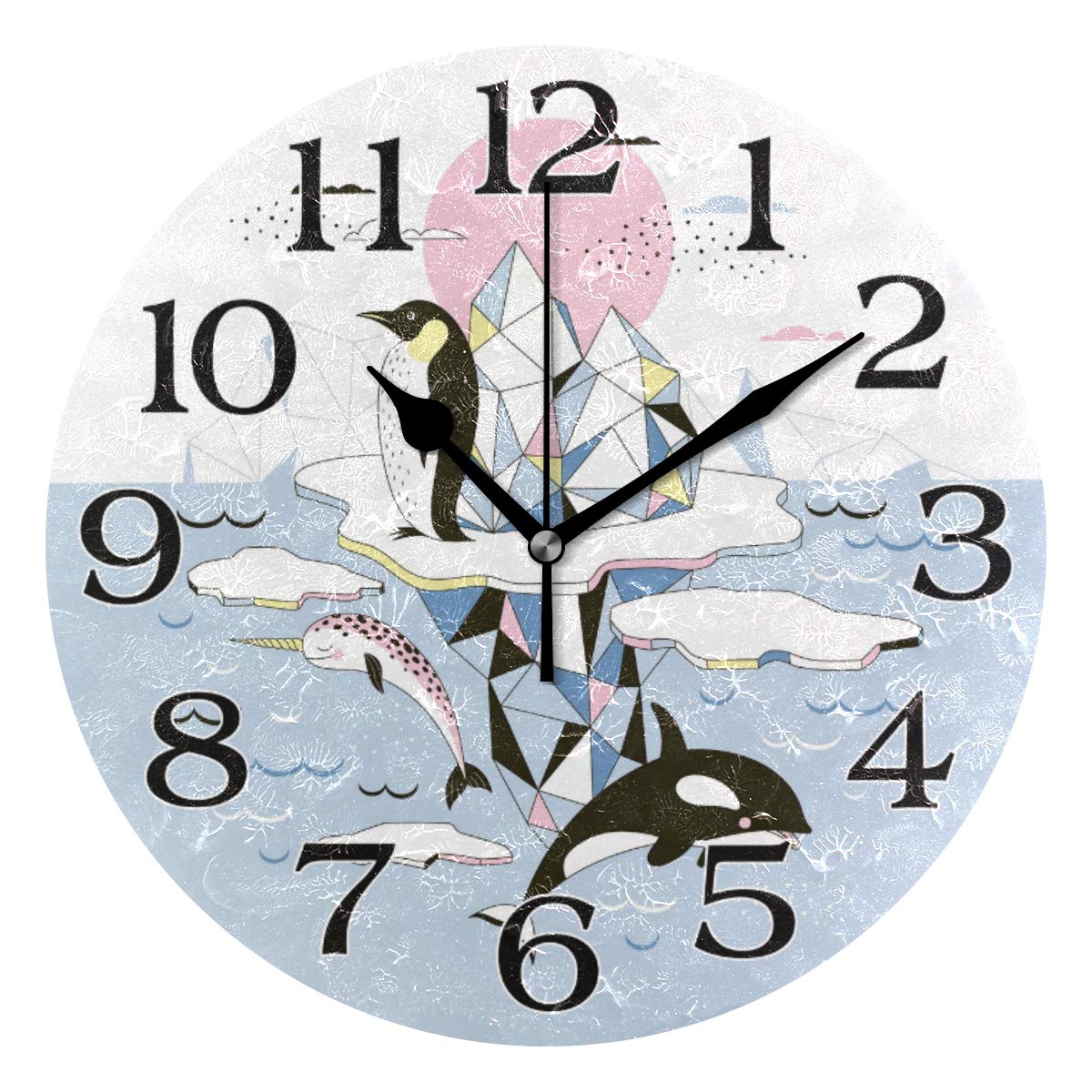LinomoGeometric North Pole Penguin Wall Clock Decor, Silent Non Ticking Round Clock Quiet for Kitchen Living Room Bedroom Bathroom Office