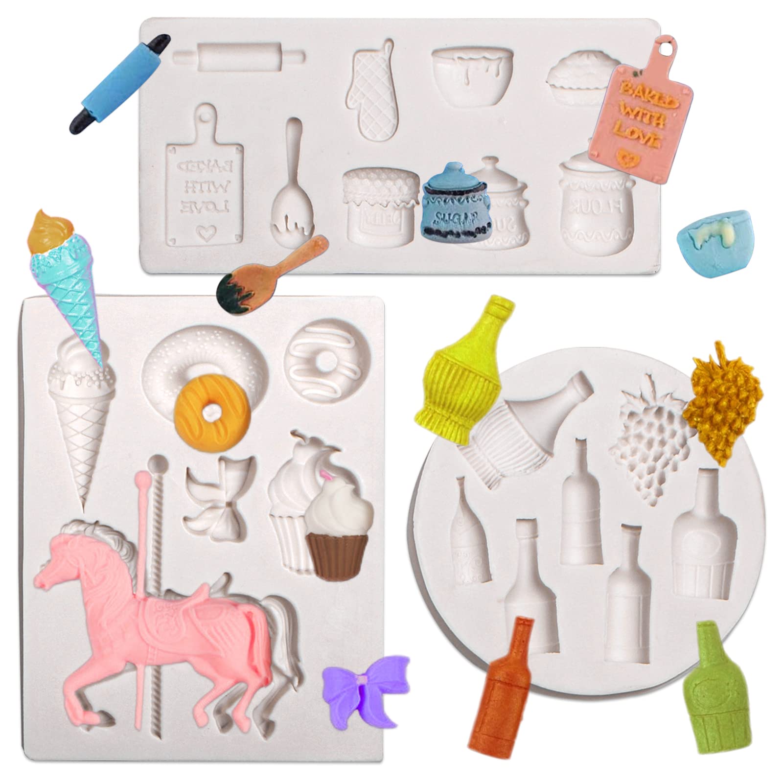 Carousel Horse Silicone Mold, Donut Ice Cream Chocolate Mold, Wine Bottles Grape Kitchen Baking Chocolate Mold for Cake Decoration Cupcake Topper Candy Sugar Craft Gum Paste Clay Resin
