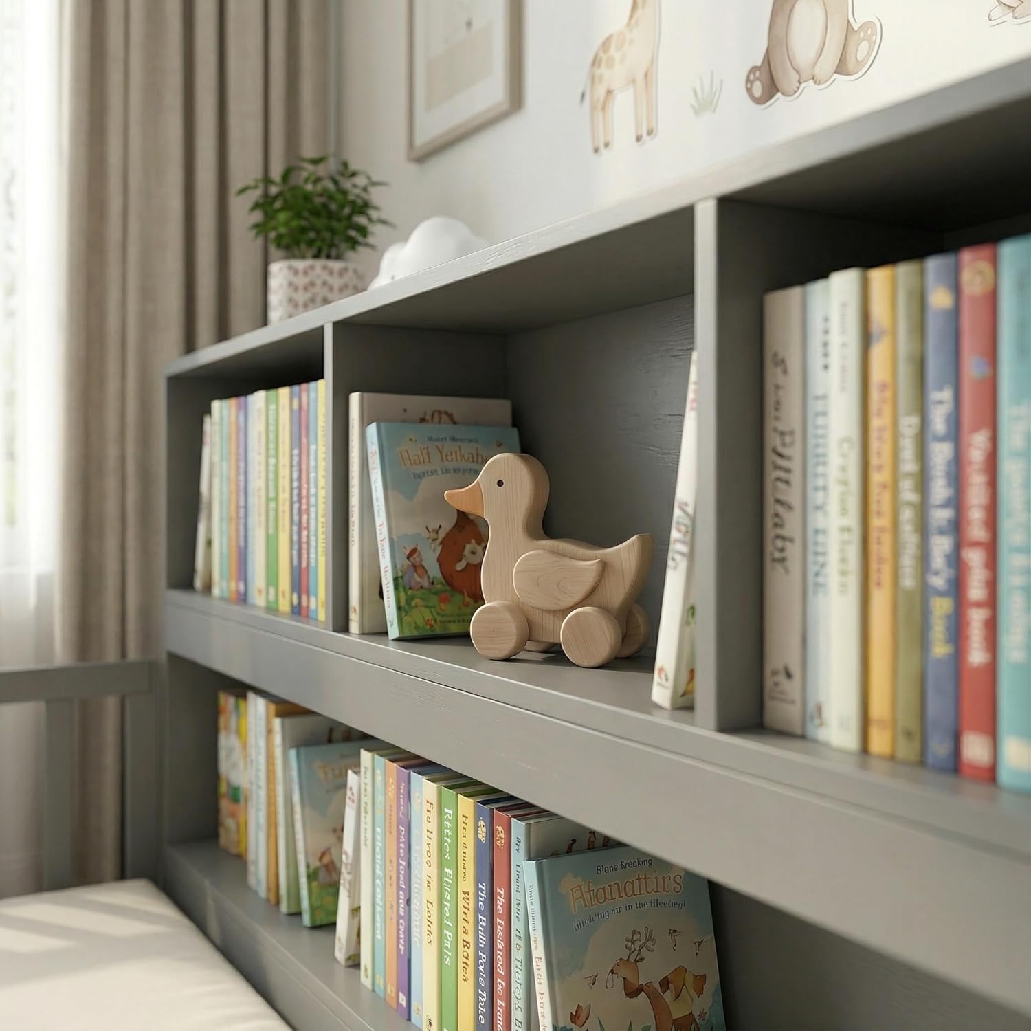 Full Montessori Floor Bed with 76" Bookcase, Solid Pine Wood Toddler Bed Frame with 15.7" Guardrails, Space-Saving, Grey