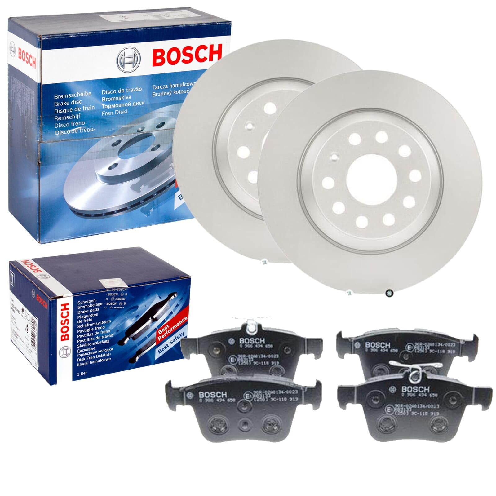 Bremsscheiben 300mm + Beläge hinten | 0 986 479 A84 + 0 986 494 658 passend für Golf 7 Passat B8