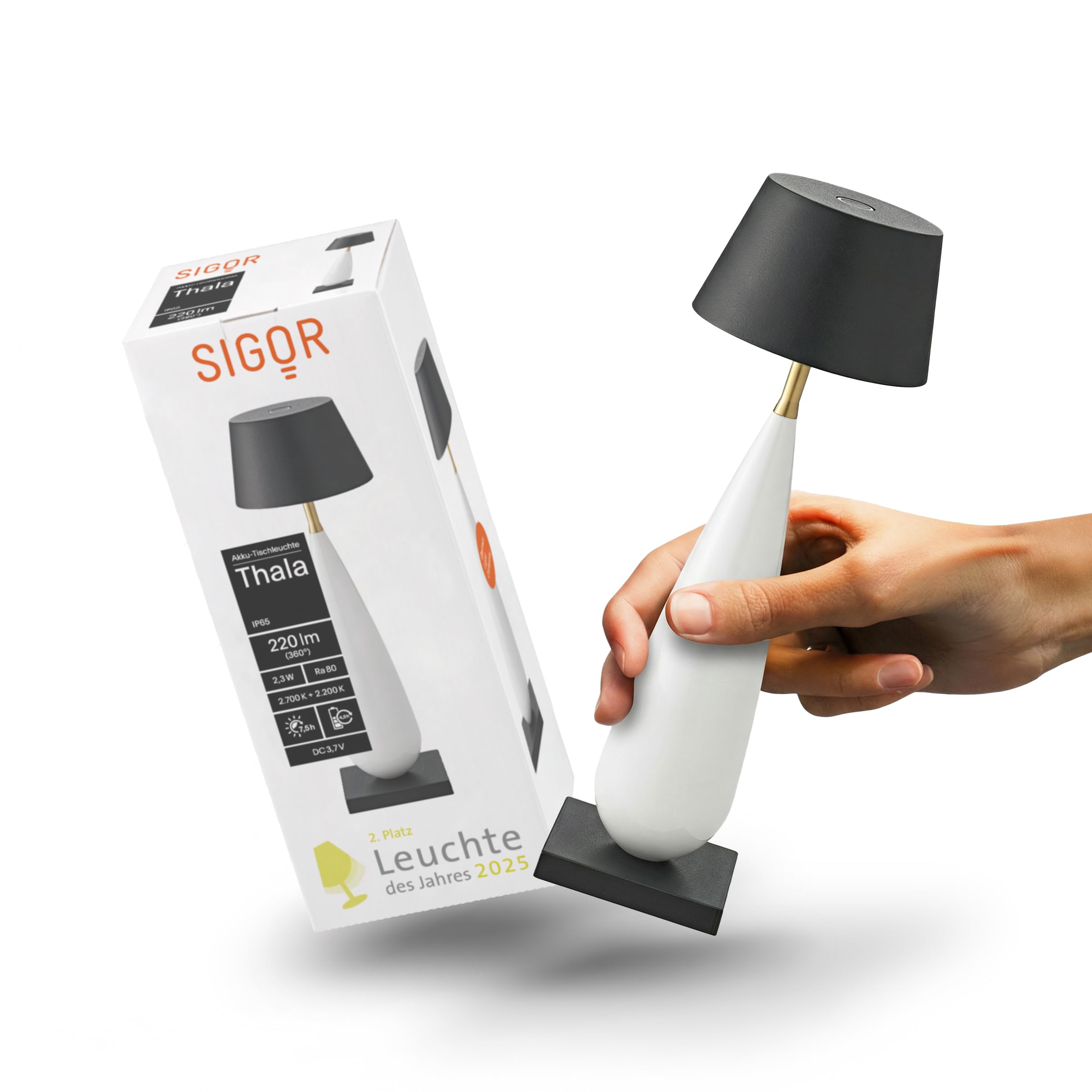 SIGOR Thala - Dimmbare LED Akku-Tischlampe Indoor & Outdoor, Leuchte des Jahres 2025 2. Platz, IP65 spritzwassergeschützt, Höhe 23,7 cm, aufladbar per Ladestation, 7 h Leuchtdauer, keramikweiß/schwarz