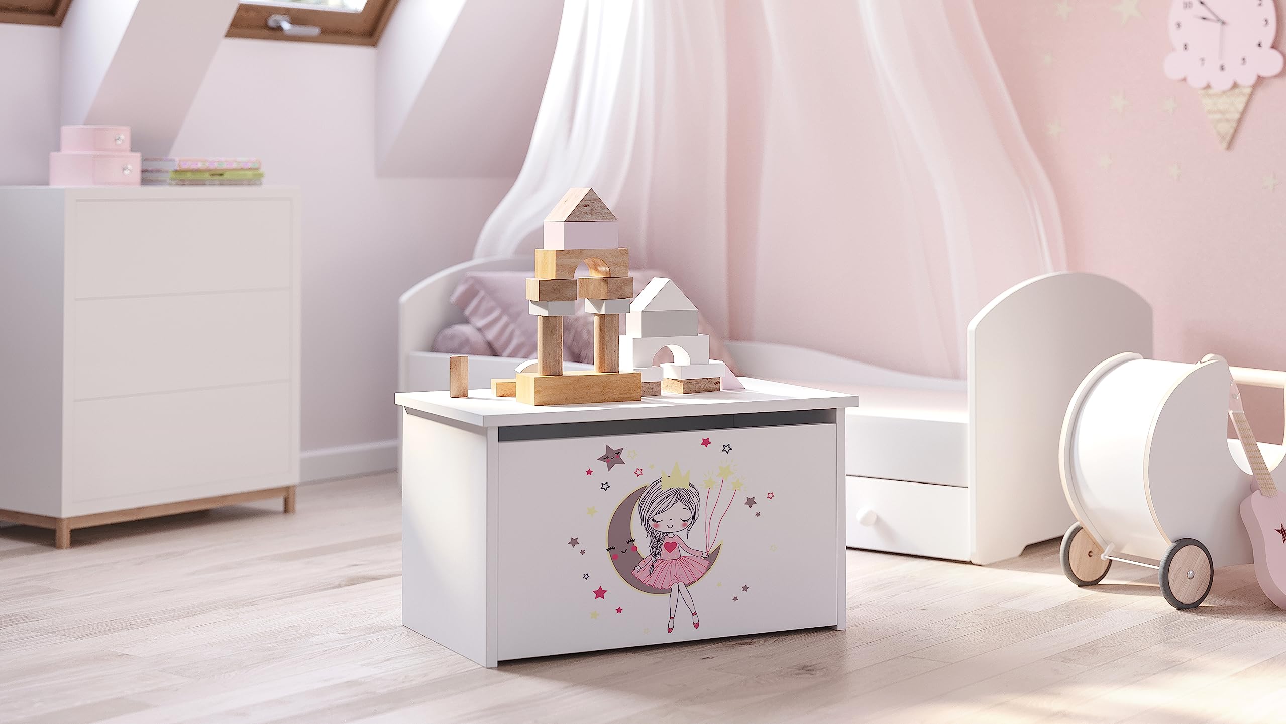KOBI Kommode DARIA Spielzeugkiste mit Schublade | Groß 73 x 42 x 40 CM | Truhe Weiß Kinderzimmer Möbel | Truhenbank mit Stauraum für Kinder | Boxen Aufbewahrung | Aufbewahrungsbox