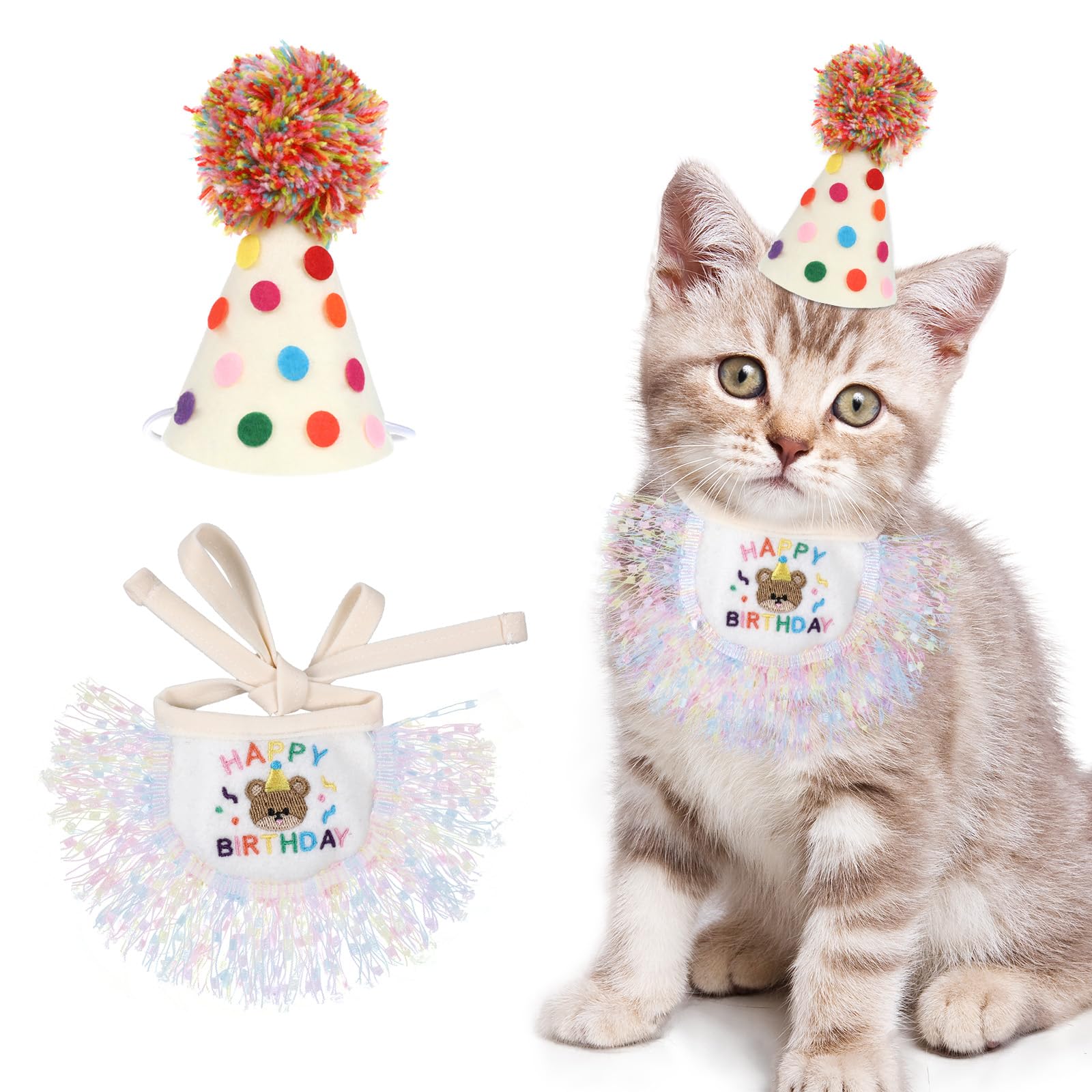 Cat Birthday Hat and Bandana Scarf, Cat Birthday Outfit Party Hat Dog Costumes Cute Lace Puppy Bib Scarf Party Decorations Set for Small Medium Cats & Doggy