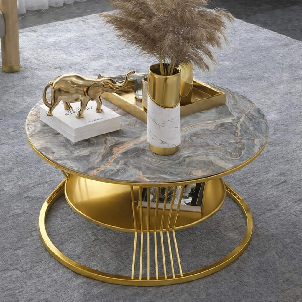 BROWN ART SHOPPEE Coffee Table Sofa Side Table Round Coffee Table Hall Table Metal Frame Center Table Tea Table Coffee table for Center Room Dining Home & Living Room (Gold & black) (Grey & Gold)-image-27