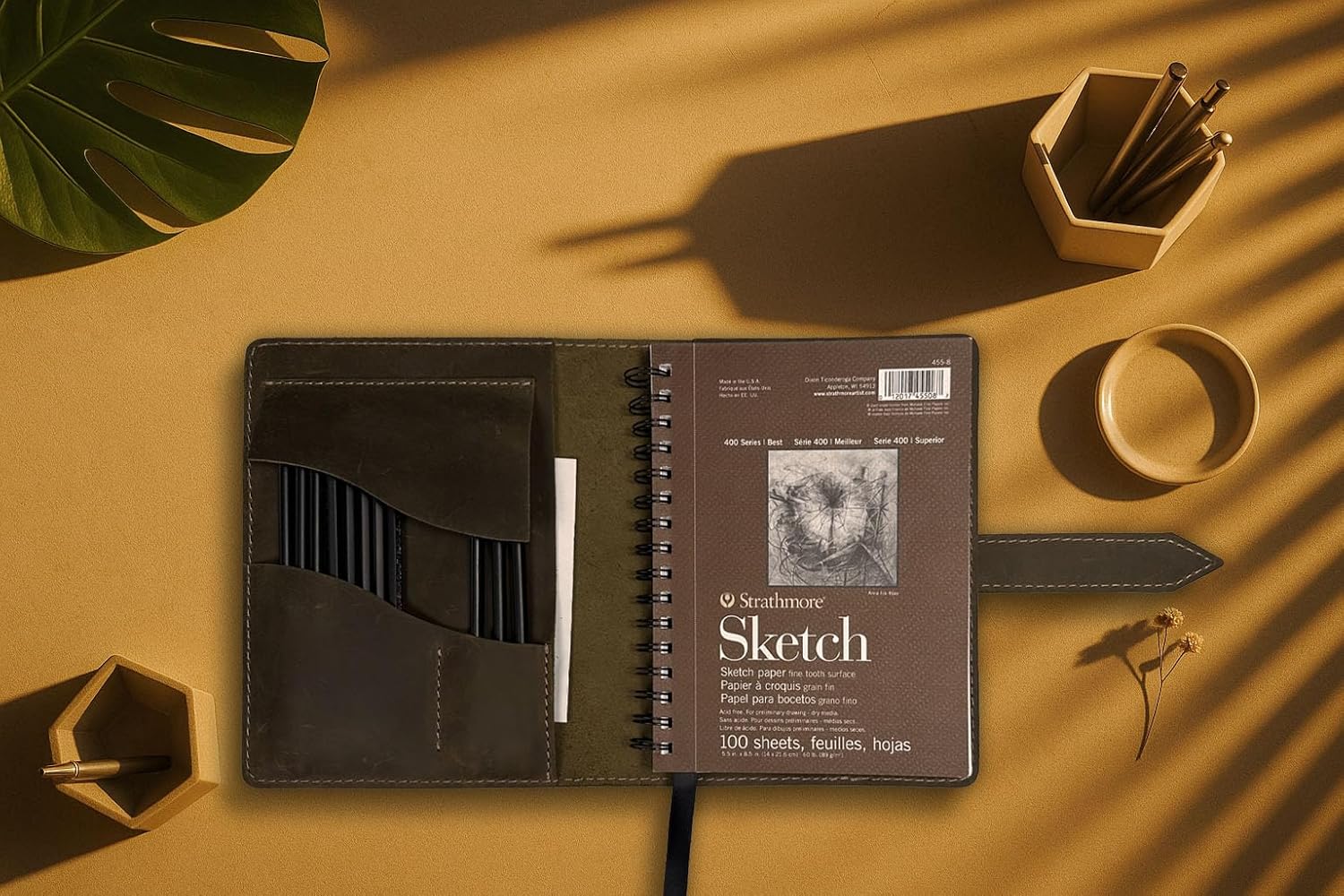 Leather Sketchbook Cover for 5.5 x 8.5 Sketchbook Art Case for Drawing Book with Pencil Case or Art pens etc, Only Covers Full Grain Leather, Handmade, Rustic, Vintage (Green)