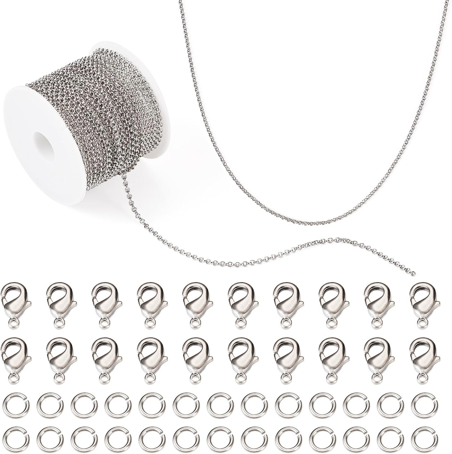 PH PandaHall White Gold Plated Rolo Chains 16.4 Feet Brass O Link Chains Platinum Soldered Jewelry Chains with Jump Rings Lobster Claw Clasps for Bracelet Necklace Jewelry Making