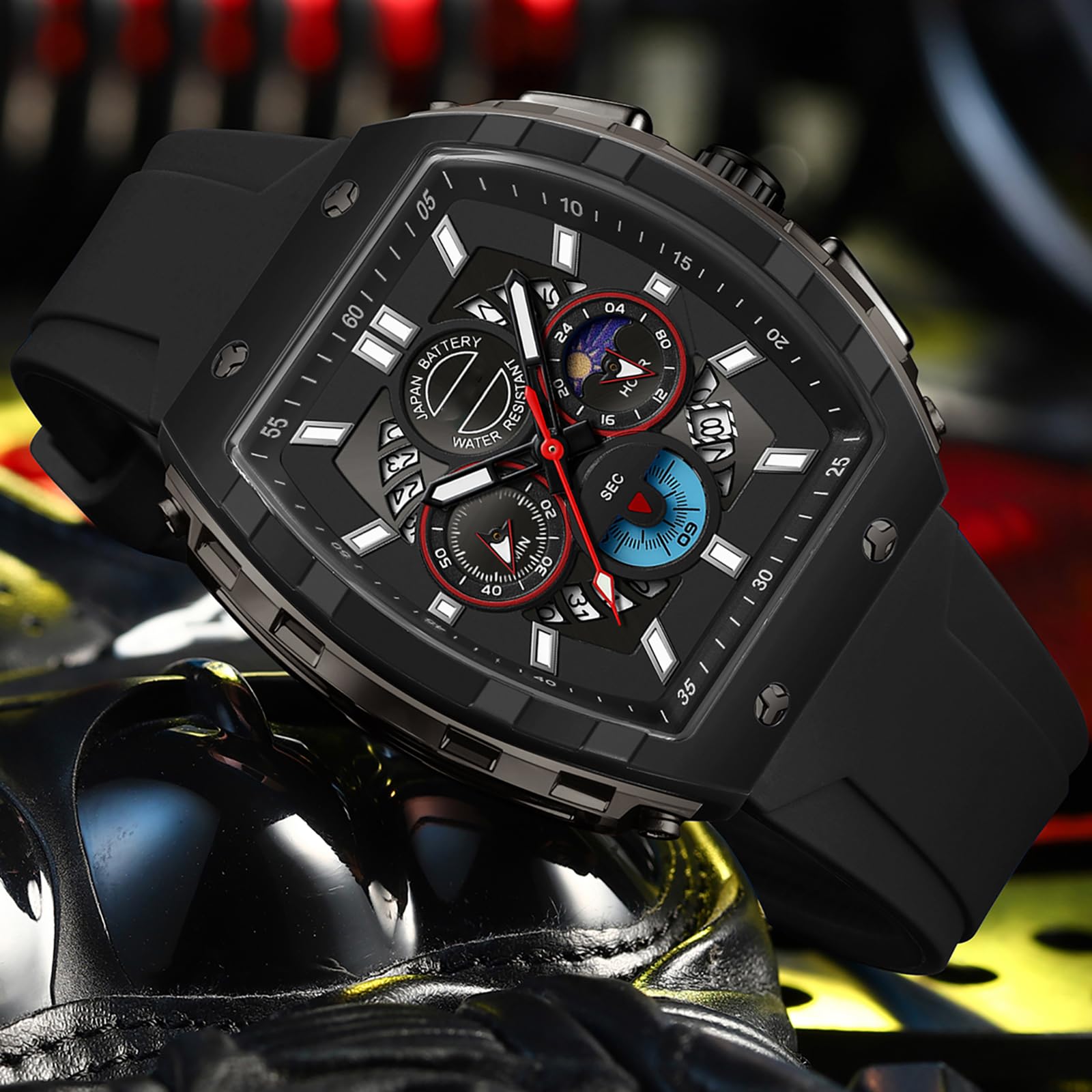 Armbanduhr, großes Display, rechteckig, für Herren, Militär, Taktik, Sport, Analog, Quarz, großes Zifferblatt, 5 ATM, Alarm, Hintergrundbeleuchtung, wasserdicht, Armband atmungsaktiv und komfortabel