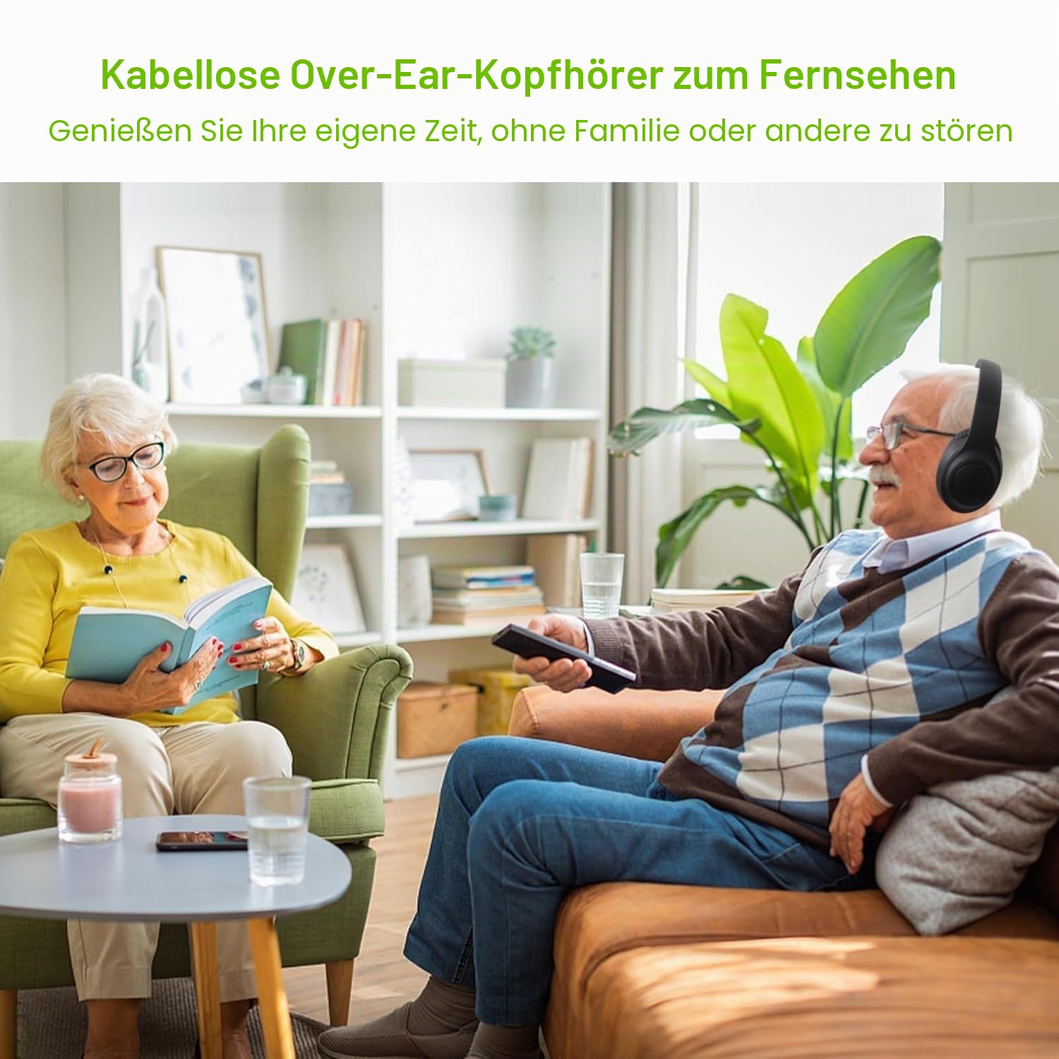 Kabellose TV-Kopfhörer mit Sender, Geräuschunterdrückung Kabellose TV-Kopfhörer für Senioren, HD-Stereo-Sound Bluetooth-Fernseh-Headset, Keine Audioverzögerung, 30 Stunden Spielzeit, Plug-and-Play