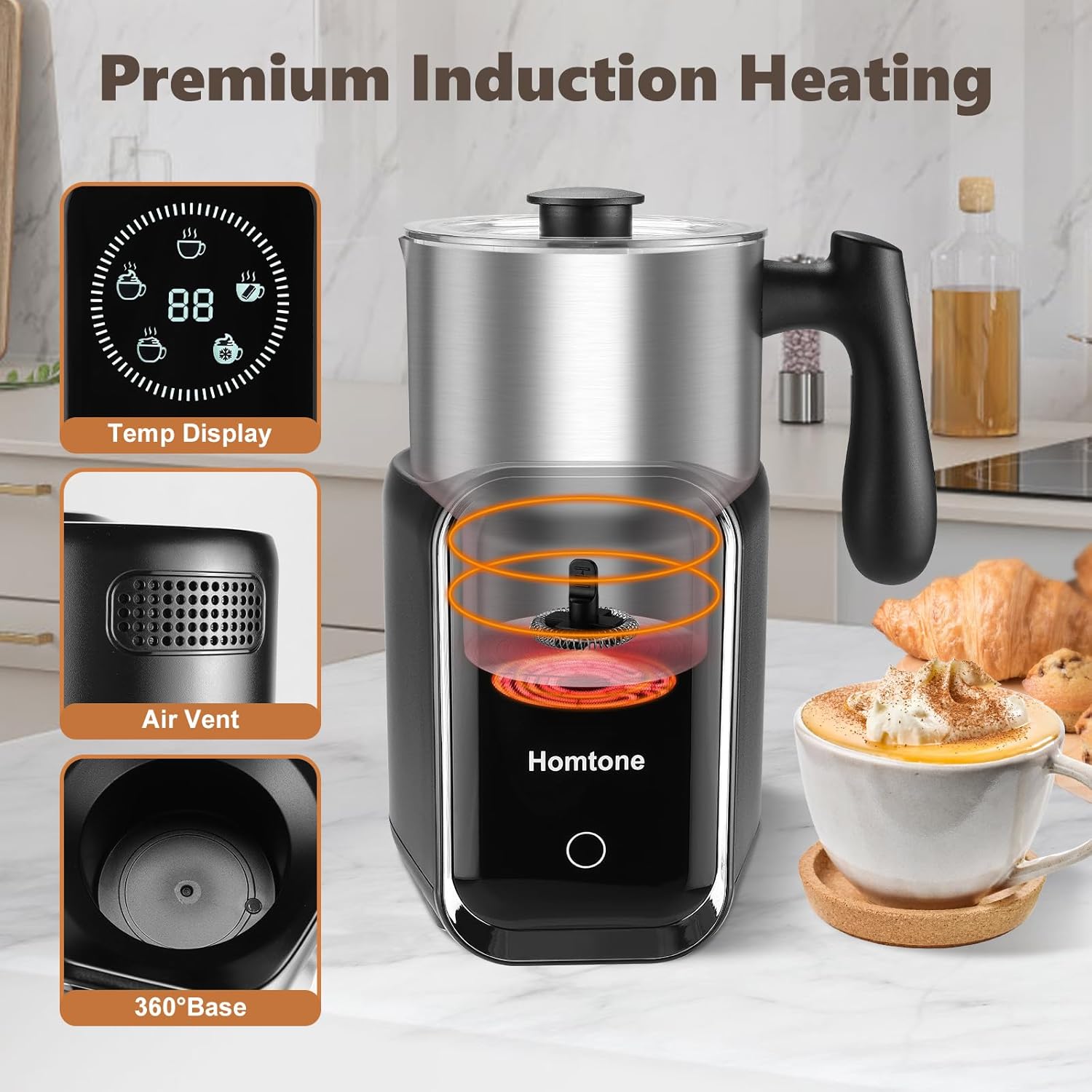 Homtone Milk Frother with Induction Heating and Air Vent