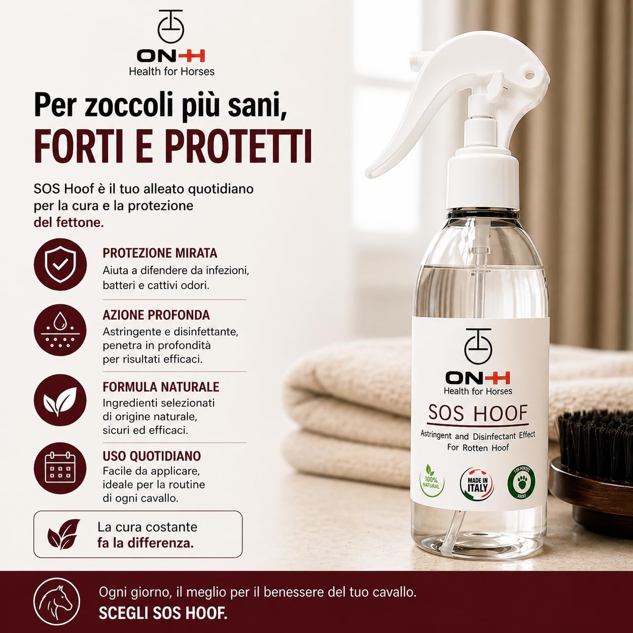ON-H SOS Hoof Soluzione per Zoccoli Cavalli 200 ml | Igienizzante per Zoccoli Cavallo | Aiuta a Contrastare Marcimento e Impurità | Protezione Suola e Muraglia | Ideale per uso quotidiano in Scuderia