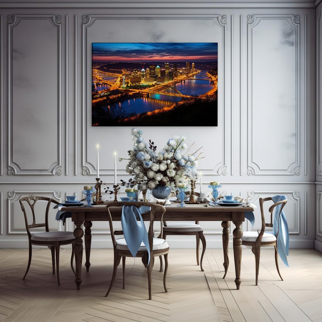 Canvas for Living room. Pittsburgh After Dark: A Tapestry of Light and Reflection, 27 x 18 inch Canvas Wall Art - Contemporary Masterpieces - Modern Home Decor