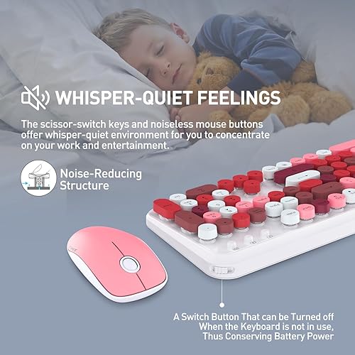 Miniatura 9 de Teclado y mouse inalámbricos, bonito teclado inalámbrico retro con llave redonda, conexión sin abandono de 2.4 GHz, juego de teclado inalámbrico con