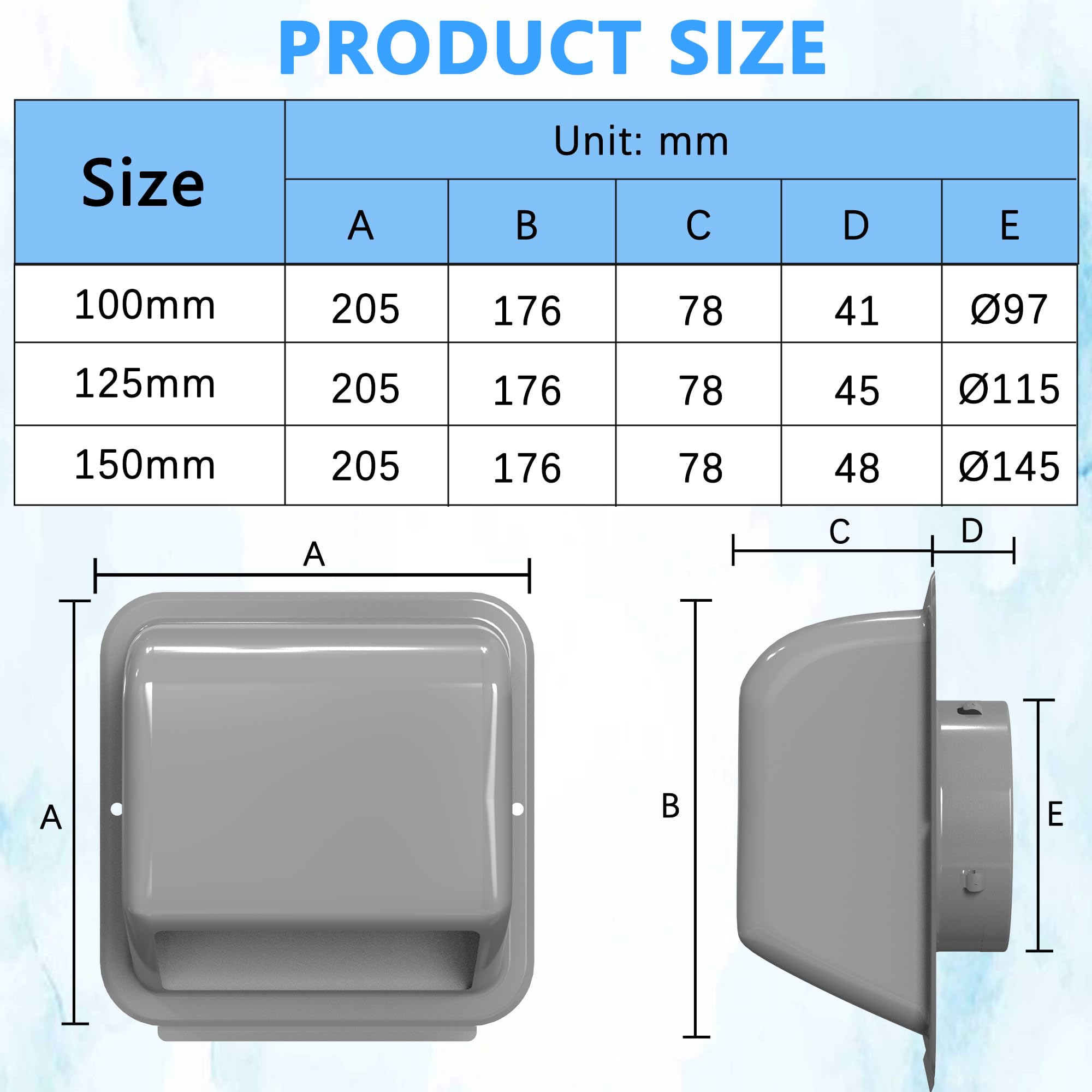 Griglia di ventilazione da 150 mm (grigio), in acciaio inox 304