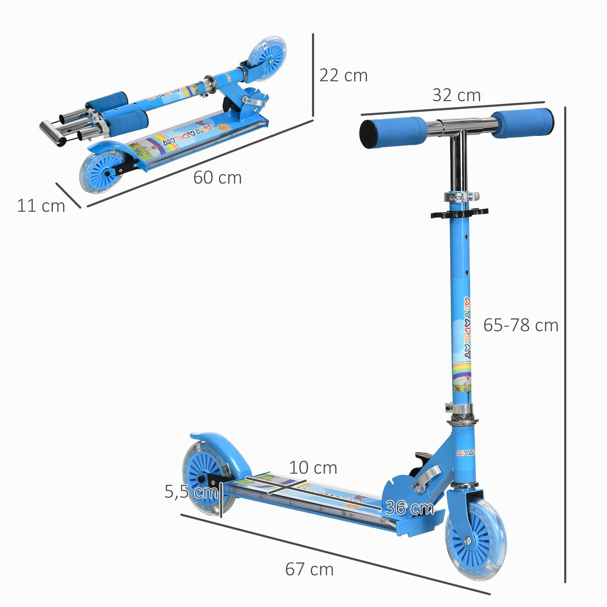 HOMCOM Trottinette pour Enfants de 3 à 7 Ans, Roues légères et Pliables en PU, 12 lumières LED, Musique, 4 Niveaux de réglage de la Hauteur du Guidon, Frein à Friction, Bleu