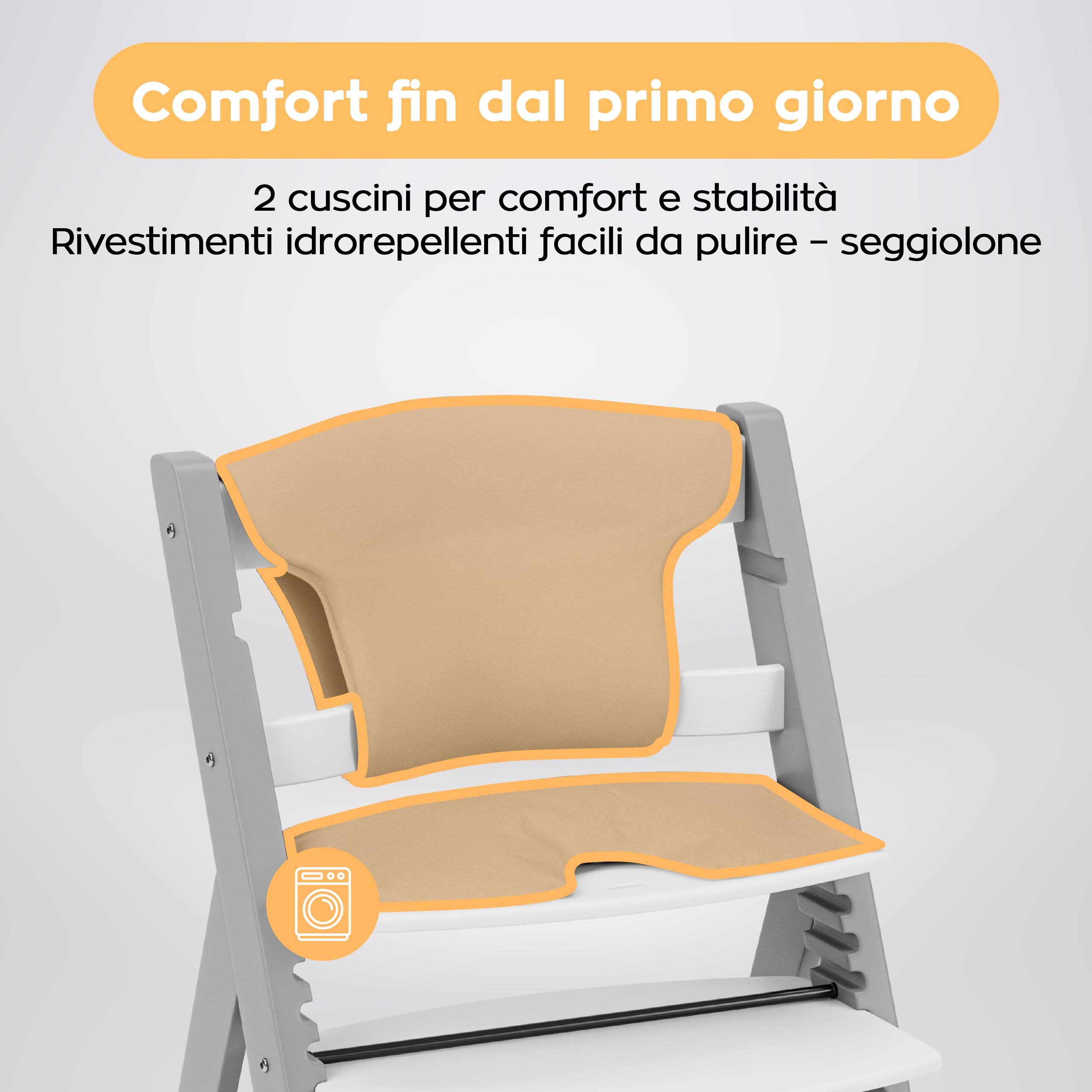 Tulano Morsel 40 - Seggiolone Evolutivo 4 in 1 per Pappa in Legno | Sedia evolutiva con 11 livelli vassoio lavabile cuscini impermeabili e uso da 6 mesi a 12 anni - Grigio Bianco