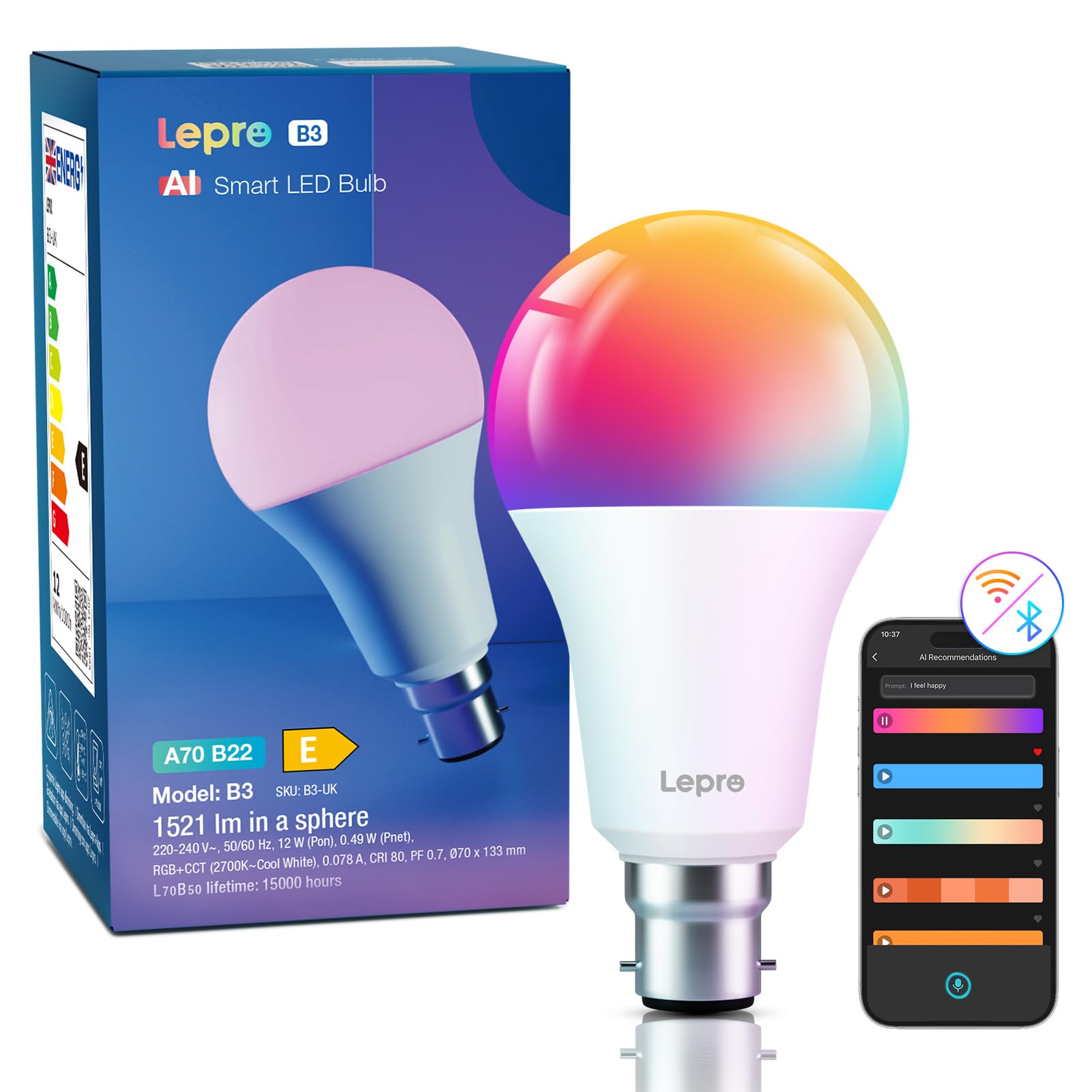 Lepro Rgb B22 Ai Smart Bulb, 1521Lm Smart Light Bulb, 12W(100W), Schedule & Timer, Energy Saving, 16 Million Colors, Work With Alexa & Google Assistant, Personalized Ai Lighting Designer