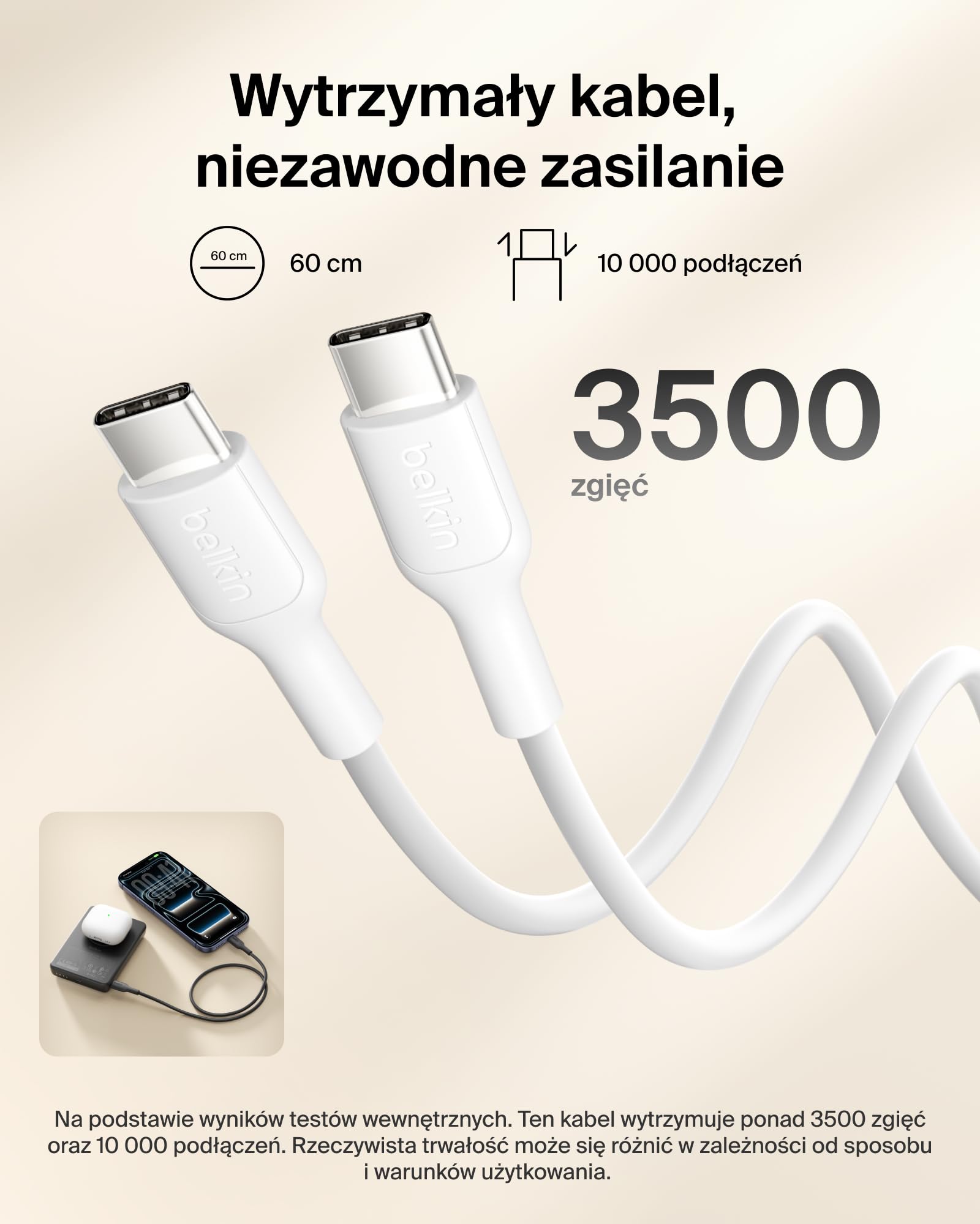 Belkin BoostCharge Magnetyczny Powerbank 10 000 mAh, Pierścień – Piaskowy | Powerbank Bezprzewodowy 10 000 mAh, Pierścień Magnetyczny do Akcesoriów, 2 Porty USB-C, Wstępnie Naładowany, Kabel w Zestawie