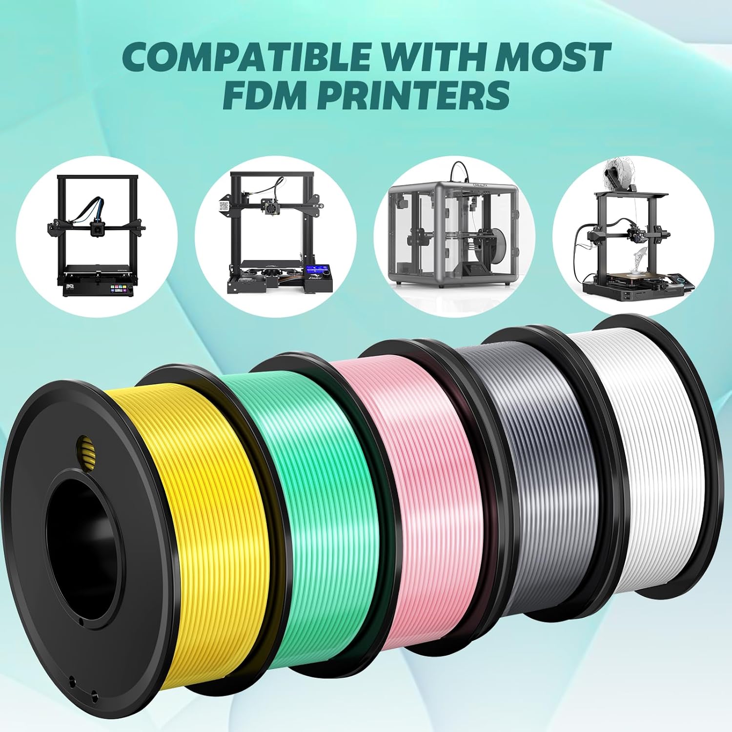 Dollate 3D Printing Filament - 5 Color Printing Filament White Silver Pink Green Yellow 1.75mm Dimensional Accuracy ±0.02mm Filled Filament Spools, Vacuum Packed 250G X 5