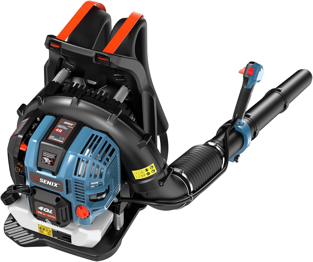 SENIX 49 cc Gas Leaf Blower, 4-Cycle Backpack Leaf Blower,Up to 600 CFM and 200 MPH, Variable Speed & Cruise Control, 18N Powerful Blowing Force (BLB4QL-M)