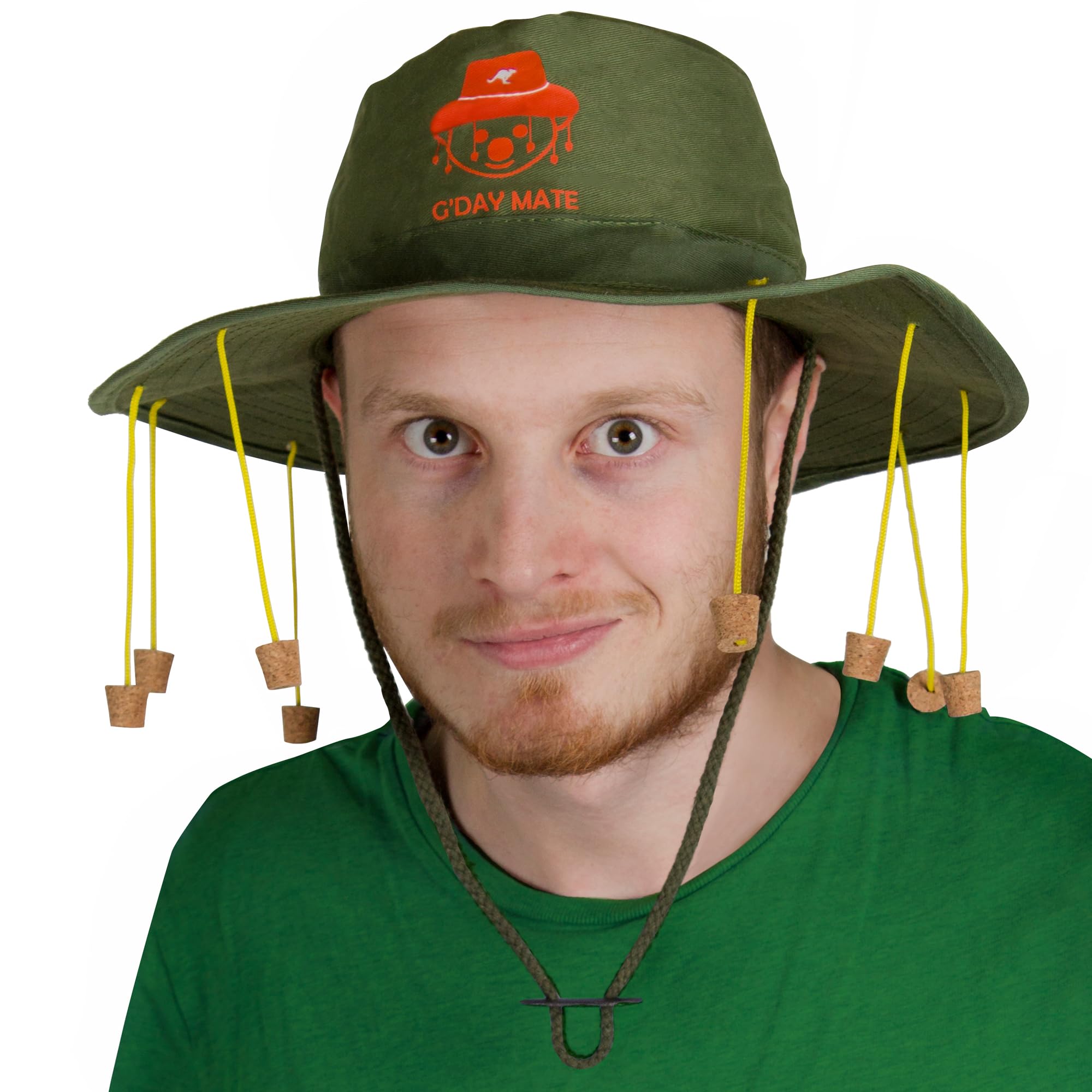 Australia Cork Hat - Pack Of 3 - Green Hat with Orange Koala Badge and Hanging Corks - Australian Fancy Dress Costume Accessory Australia Day Accessory