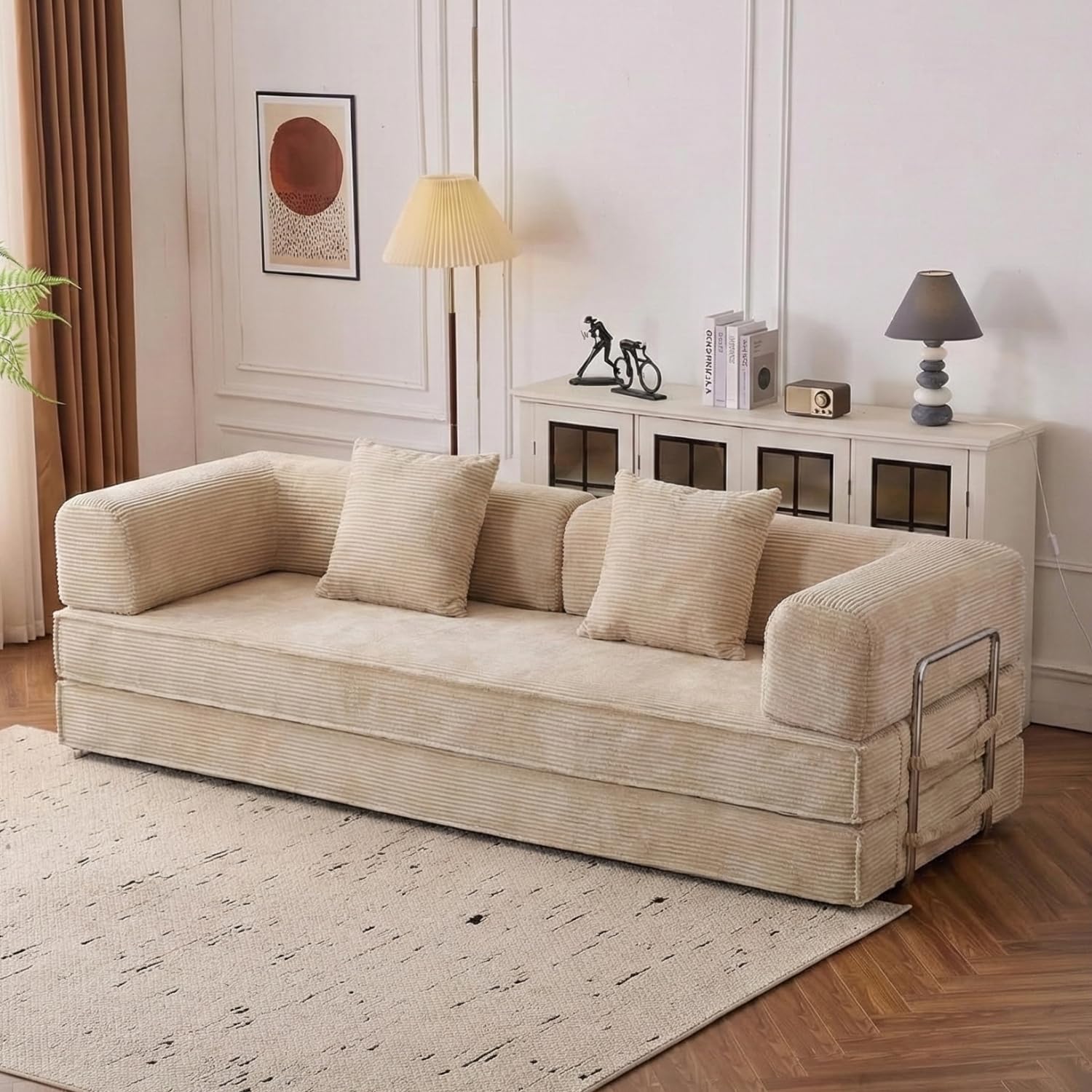 GEDTECH ARMANA 3 Places Convertible Lila en Velours côtelé Beige, modulable, Confortable, Structure en métal - Convertible, Multifonctionnel, livré compressé, Moderne et Personnalisable