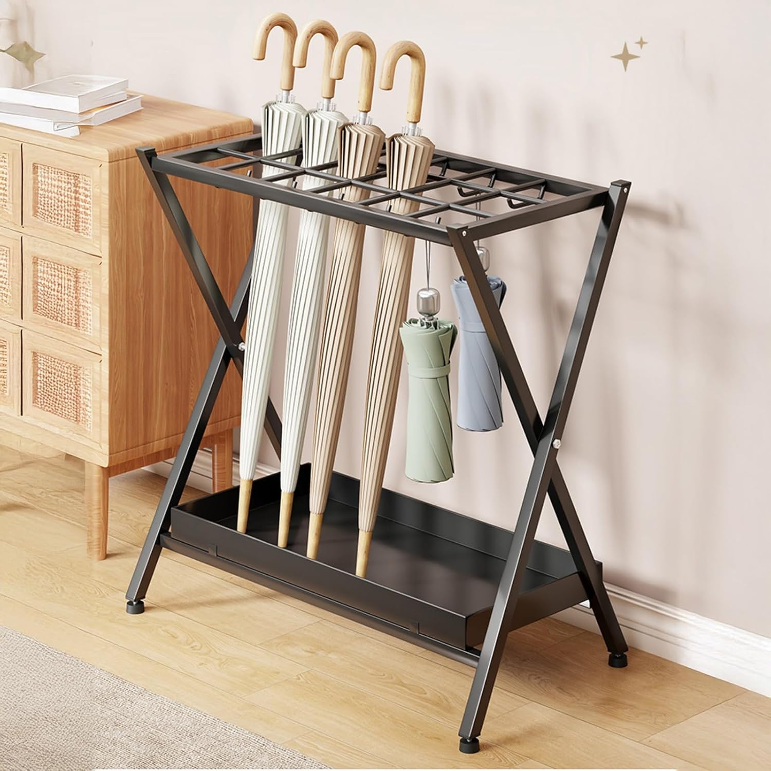 Compact & Foldable Umbrella Stand with Removable Drip Tray & Space Saving Hooks for Entryway Living Room Office & Store Black