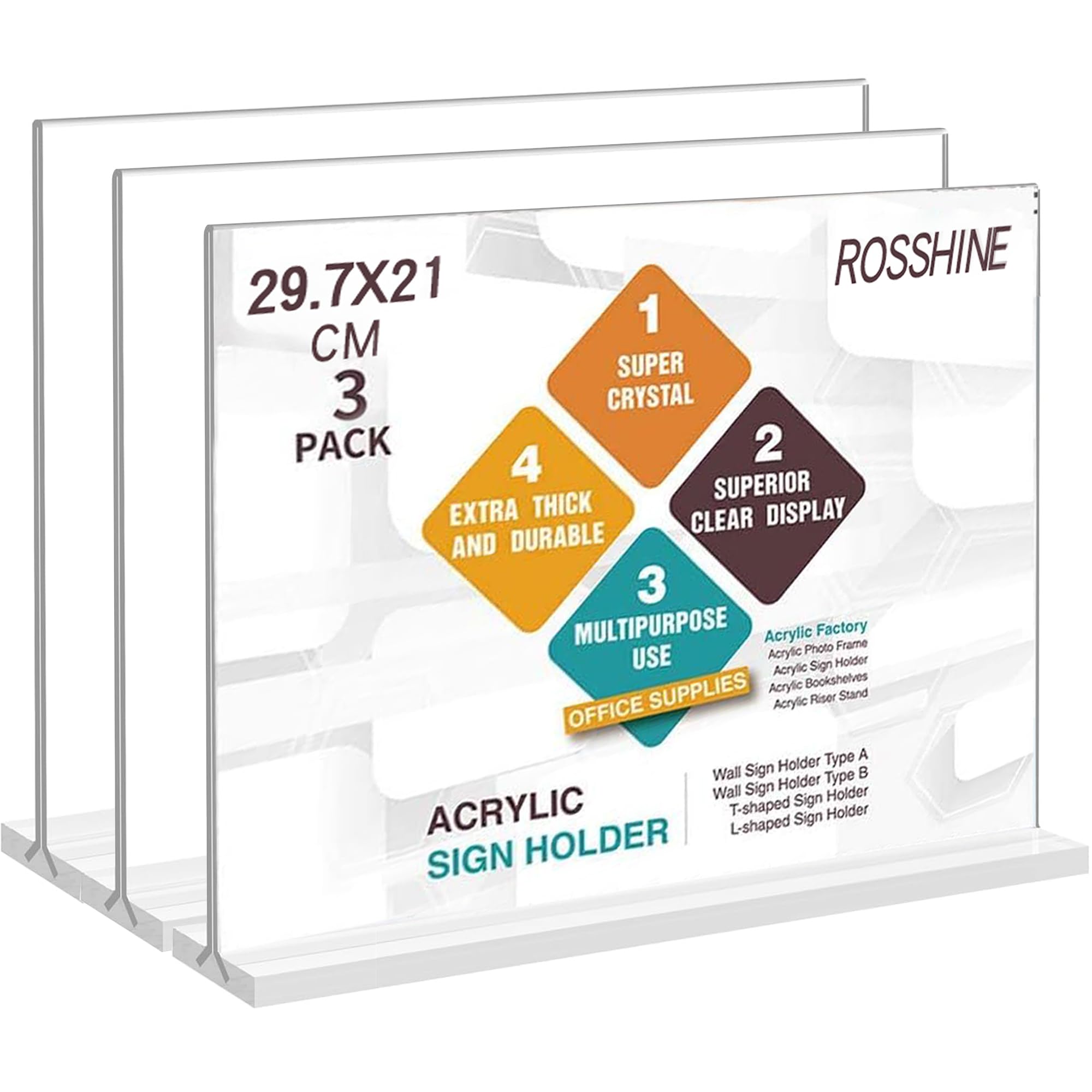 ROSSHINE A4 Menu Holders, 3pack Horizontal Double Side Display Acrylic Sign Holder, A4 Clear Poster Holder Perspex Display Stand for Office School Home Restaurant