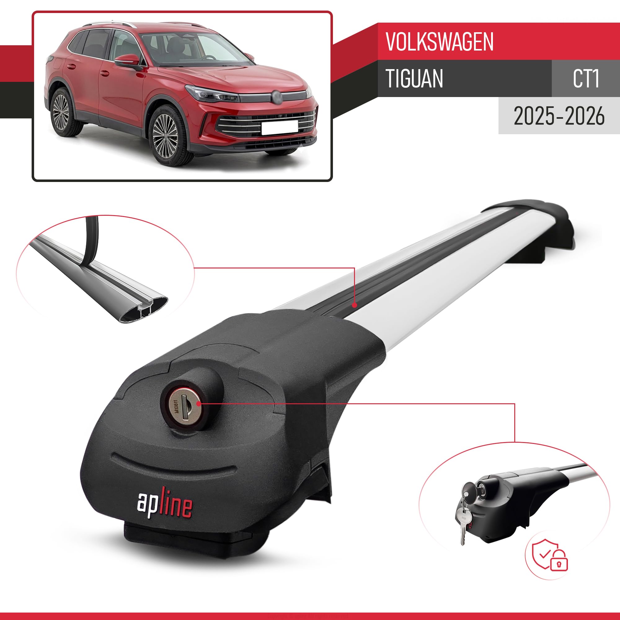 Compatible con VW Tiguan 2025-2026 Ace-1 Barras de Techo Auto Portaequipajes Barras Transversales Gris Aluminio 2 Barras