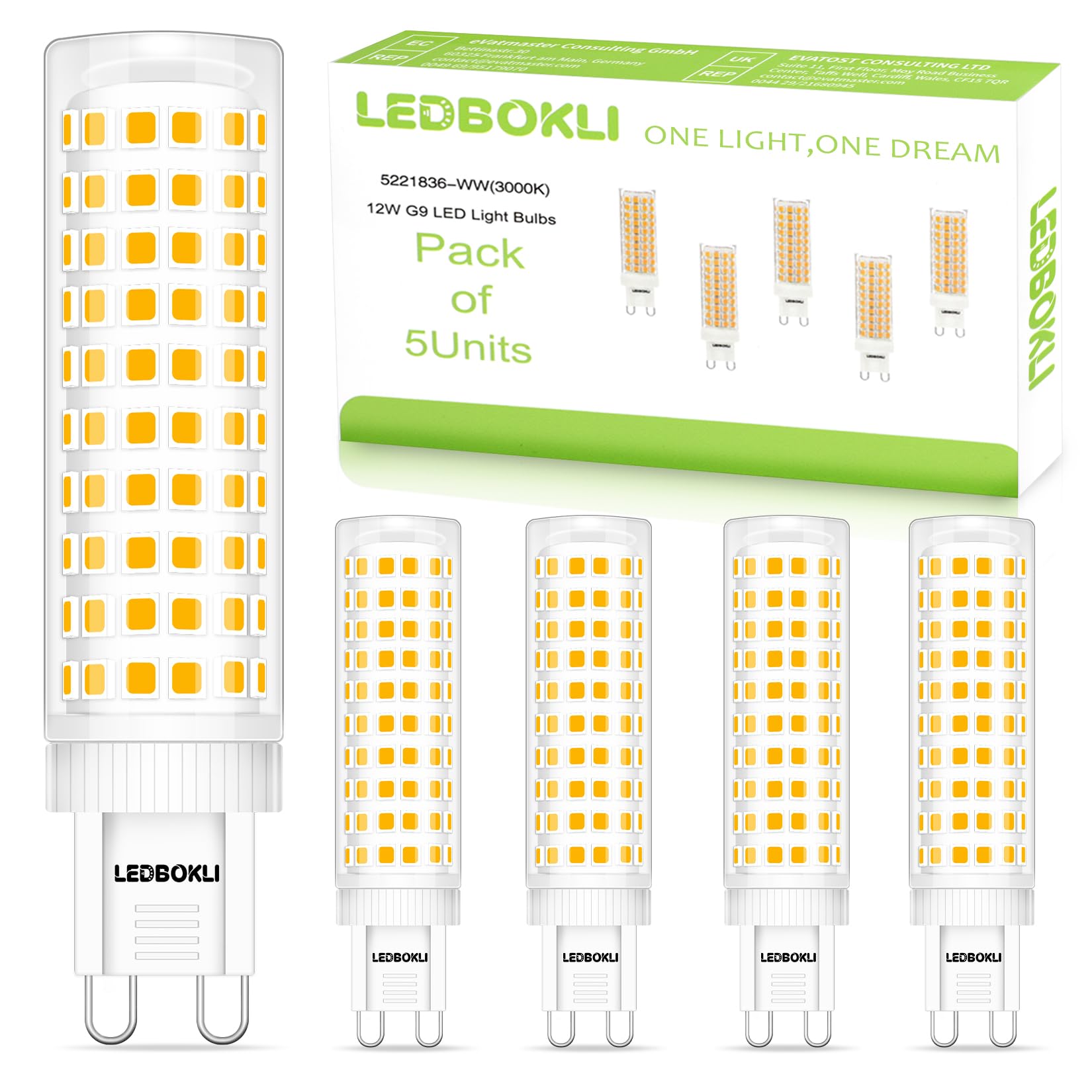LEDBOKLI G9 Led Bulbs 12W Warm White 3000K G9 LED Light Bulbs, Equivalent to 100W Halogen Bulb, LED Corn Lamp Bulbs Ceramic Bulbs, 1100LM, AC220-240V, Energy Saving, Non Flicker, Non-dimmable,5PCS
