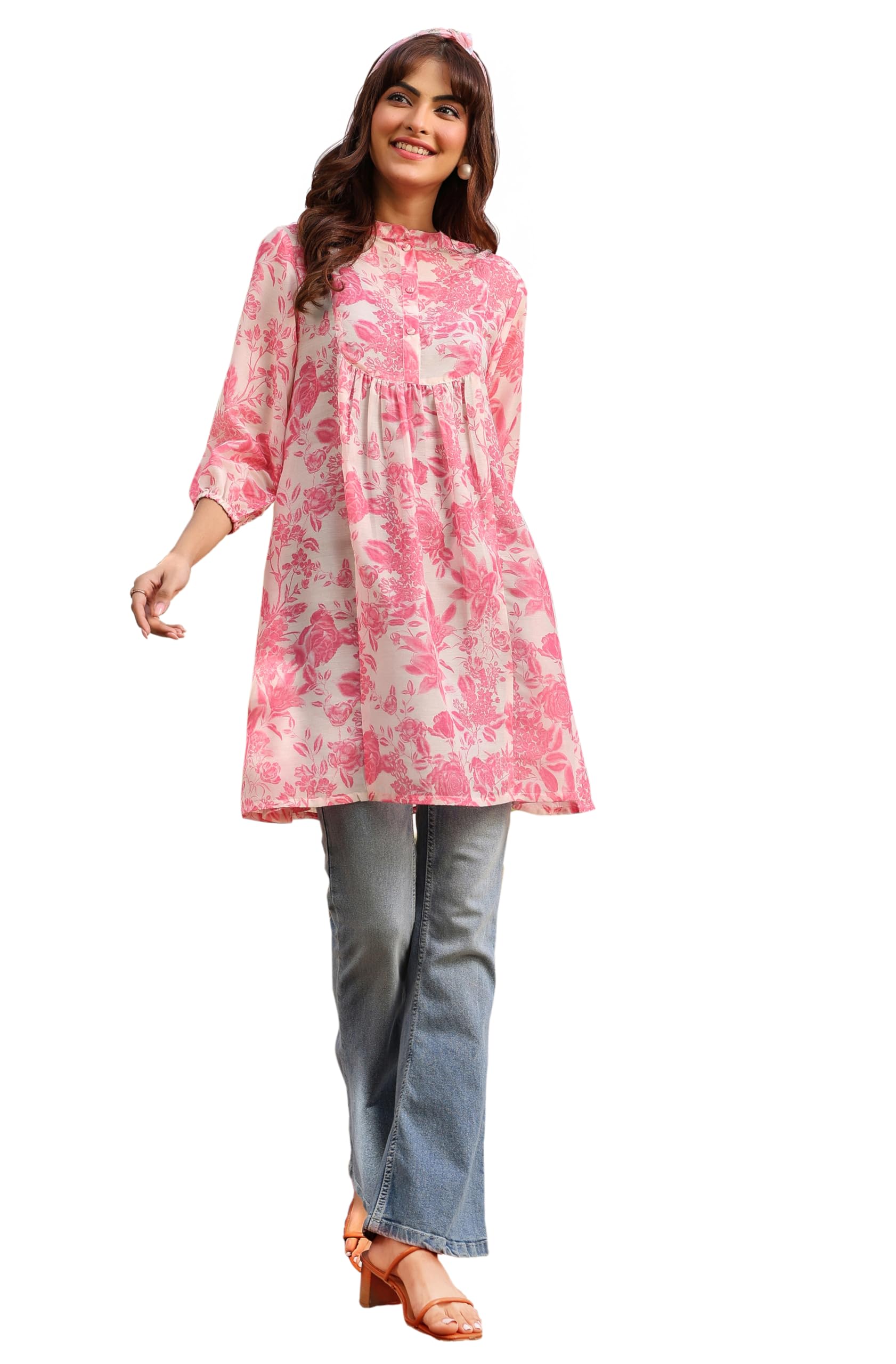 JanasyaWomen's Cream & Pink Silk Blend Floral Printed A-line Tunic