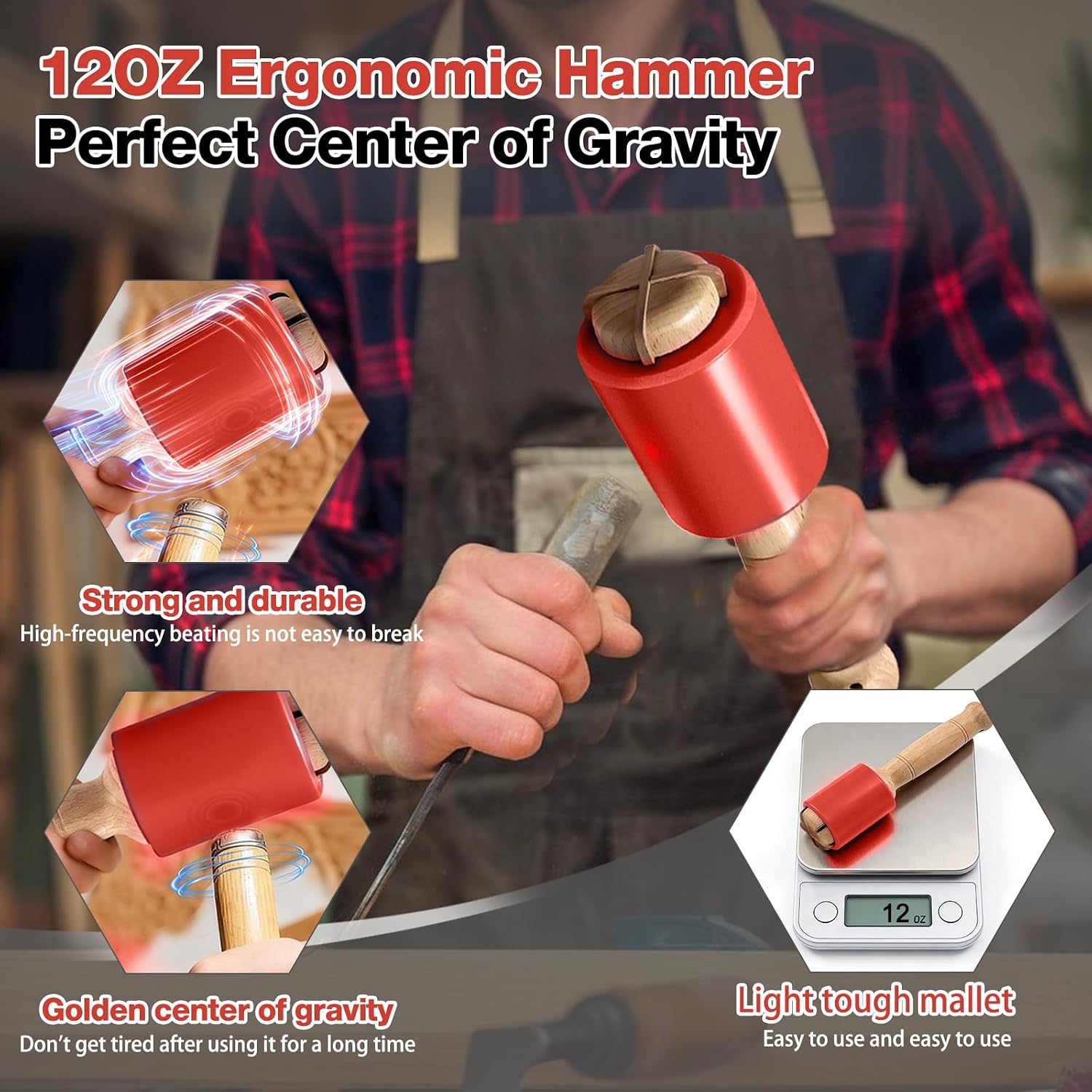 Wood Carving Mallet 12 oz for Woodworking, Non-Slip Urethane Head Woodworking Hammer 40% Fatigue Reduction for Chisels & Carving Tools, Fits All Ages, Effortless to Operate(Red)