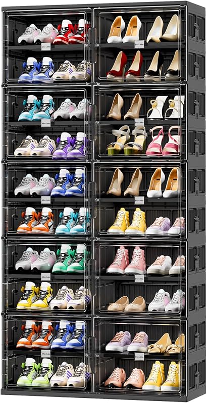 10 Tiers Foldable Shoe Rack Organizer Cabinet for Closet Entryway, Large Collapsible Shoe Storage Box with Magnetic Doors (Black)