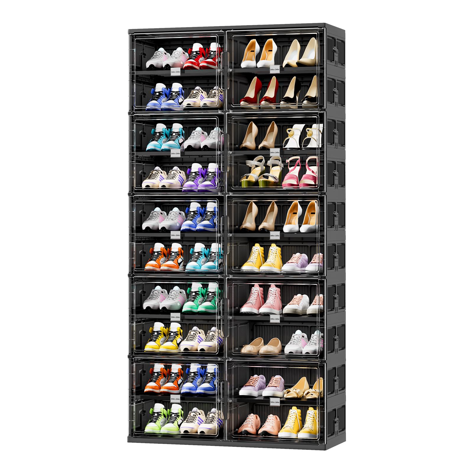 JEKO&JEKO 10 Tiers 40 Pairs Foldable Shoe Rack Organizer Fits Size 12 for Closet Entryway, Large Collapsible Shoe Storage Organizer Cabinet with Magnetic Doors (Black)