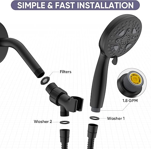 Miniatura 6 de TICONN Cabezal de ducha de 7 funciones con mano, cabezal de ducha de alta presión con manguera de acero inoxidable y soporte ajustable, sin