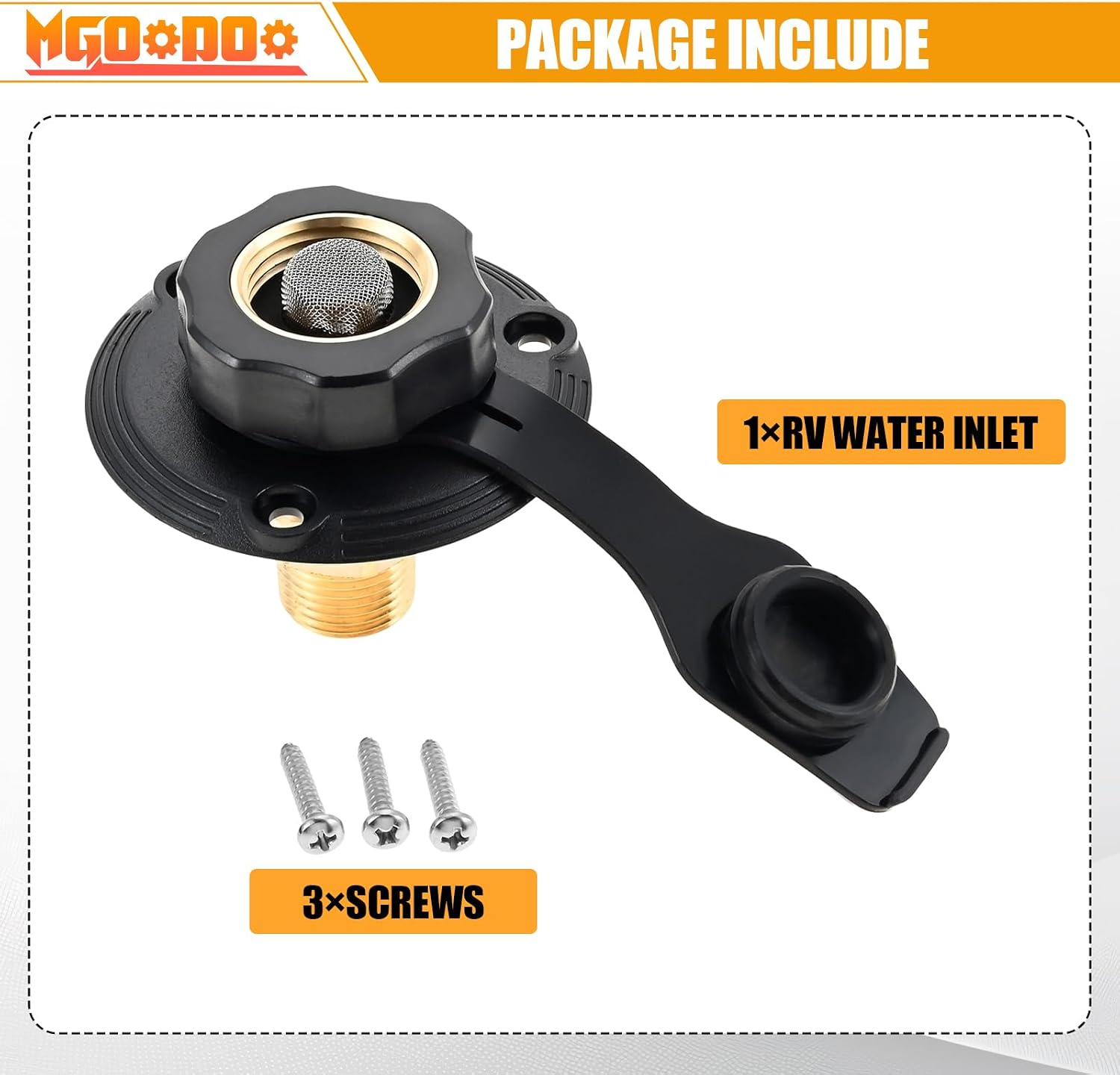 RV City Water Inlet with Check Valve，RV Water Inlet with 3/4" NH Female to 1/2" NPT Male Flange Brass with Dust Plug for RV Camper Motorhome Trailer Marine(Black)