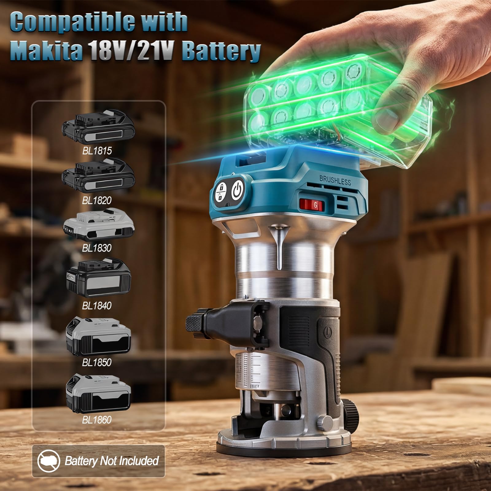 Yofuly Akku Oberfräse Kompatibel mit Makita 18V Akku, 800W Bürstenloser Akku-Kantenfräse Einhandfräse Set, 6 Geschwindigkeit 28000RPM, Aluminum Holzfräser für Holz (Ohne Batterien)