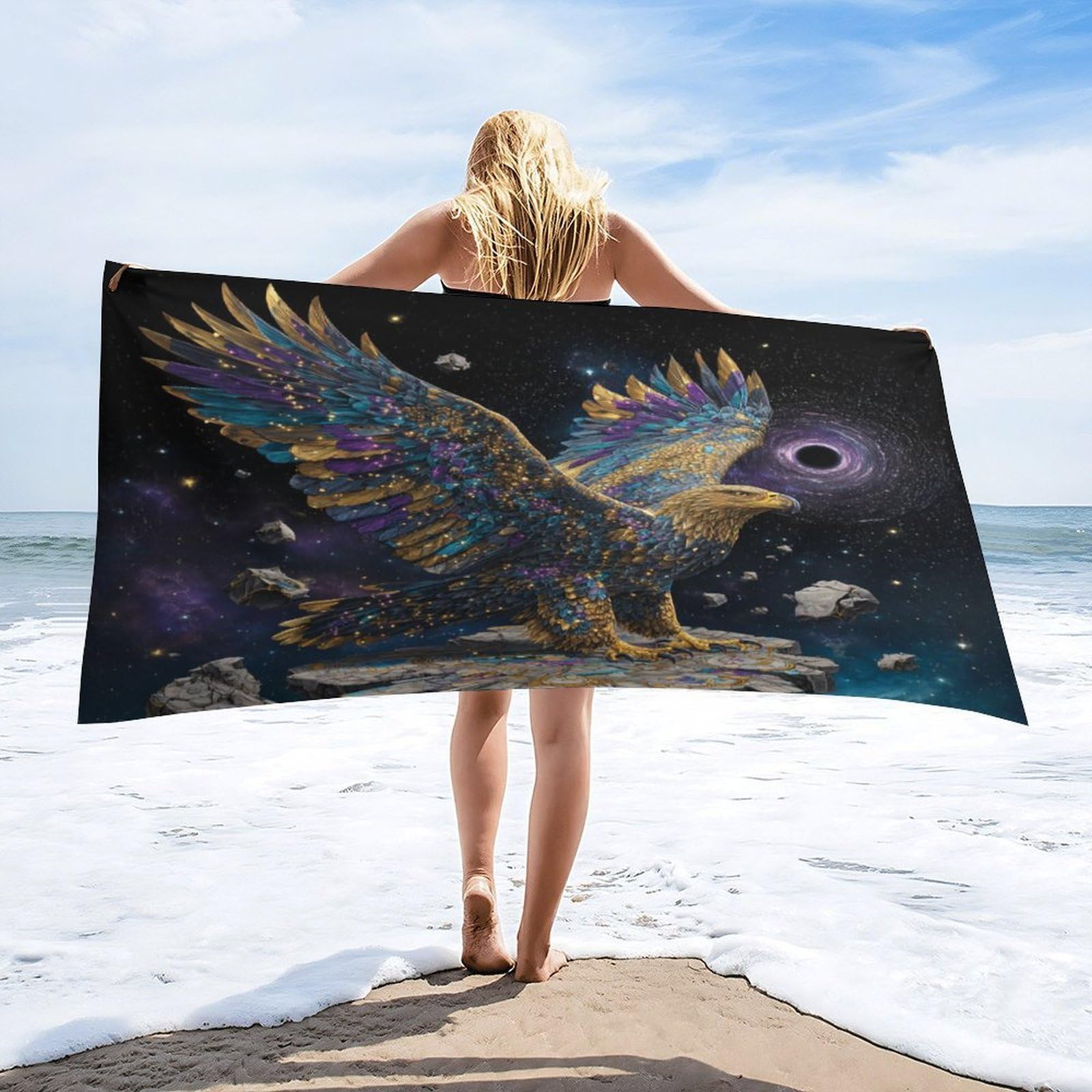 Luyysky Fantasy Classic Bald Eagle Absorbent Beach Towel, Classic Oil Painting Galaxy Constellation Animal Bald Eagle Outdoor Single-Sided Velvet Beach Towel-80 W Cm X 160" L Cm