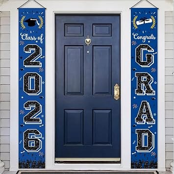 Blue & Black Graduation Decorations 2026, Congratulations Grads Porch Banner for Class of 2026, Grade 2026 Celebration Hanging Flags Porch Sign for Party, School