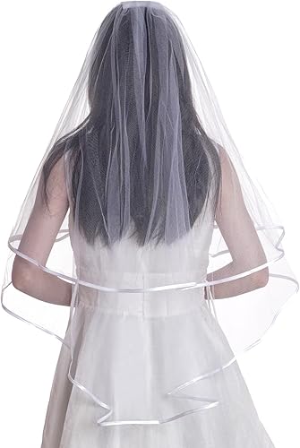 Miniatura 7 de Velo de novia corto de tul para mujer, borde de cinta con peine para boda, despedida de soltera, fiesta, accesorio de disfraz