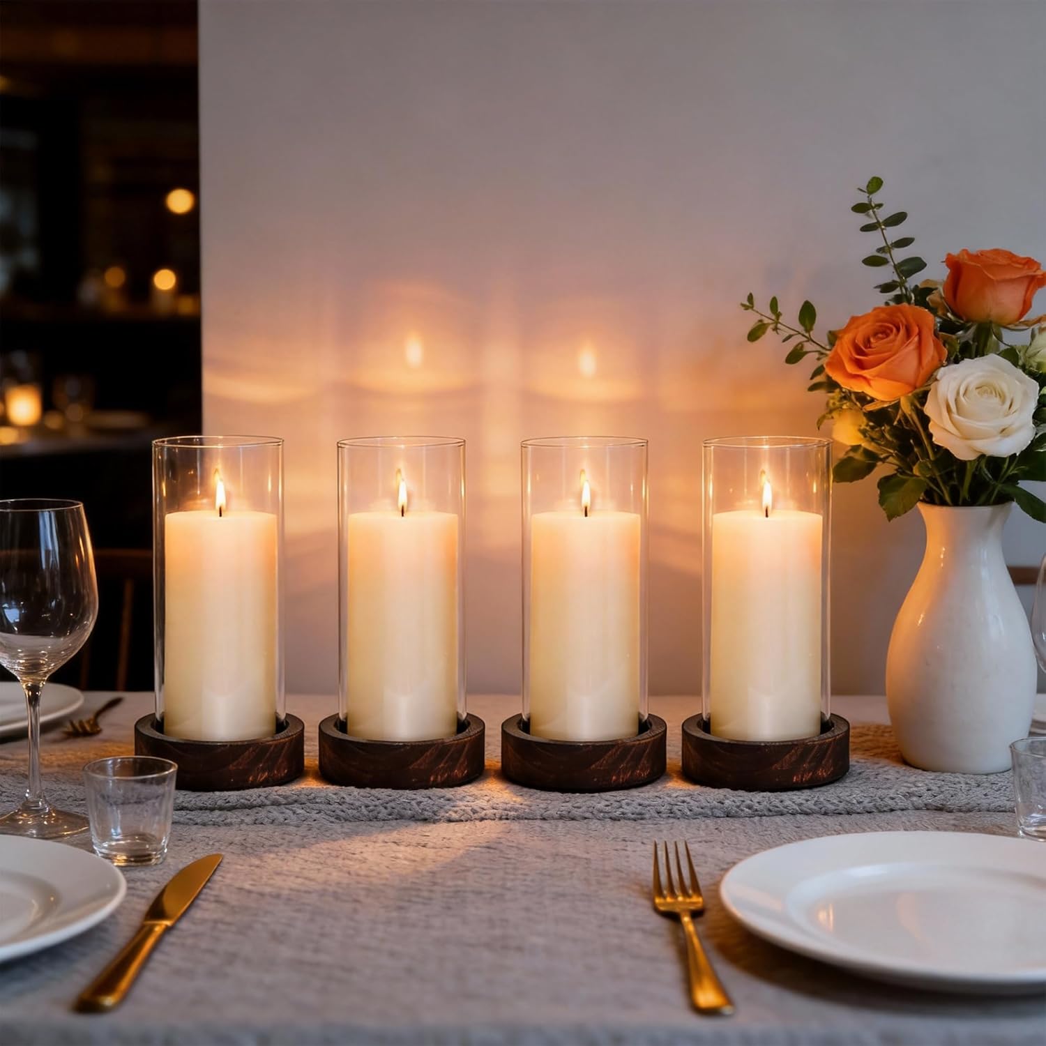Set of 4 Hurricane Candle Holders - 4.6x7.8 Inch Rustic Wooden Base with Glass Cylinder, Brown Pillar Candle Holders for Wedding Centerpieces, Home Decor, Table & Mantel Decorations