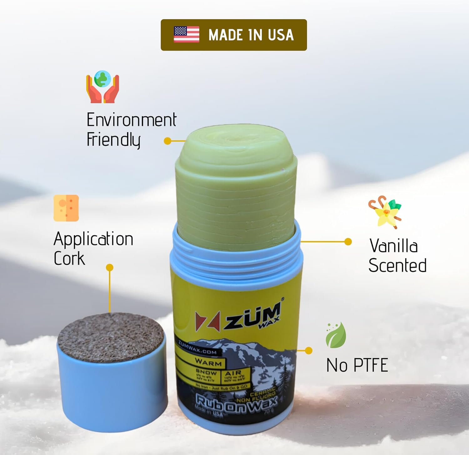 ZUMWax Rub-On Ski/Snowboard/Nordic/Cross-Country Ceramic Wax 70g, Warm Temperature, Easy Cork applicator, Long-Lasting Performance, Vanilla Scent, Made in USA, PFAS-Free, Great Quick waxing on the go